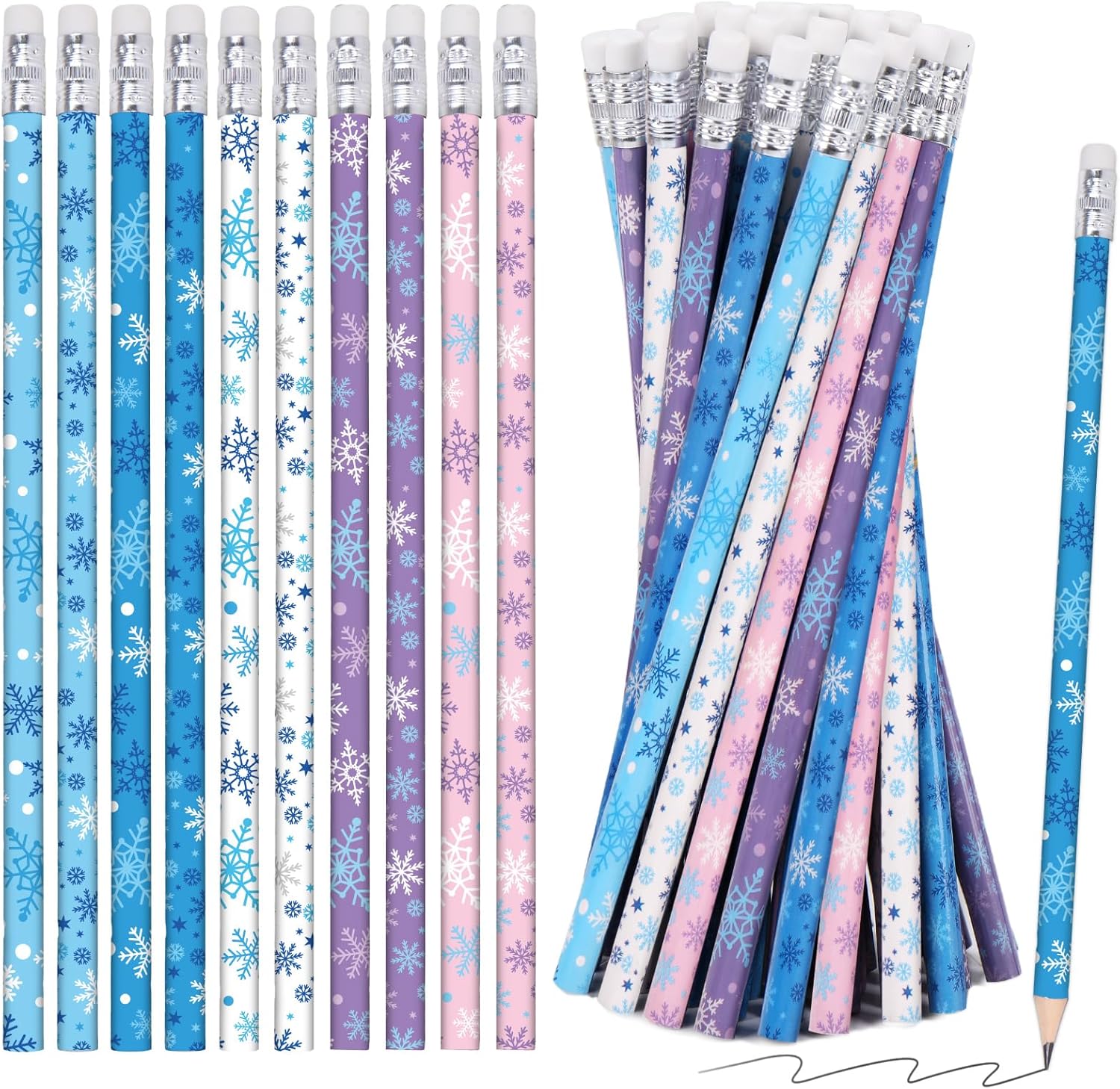 Whaline(ワライン) 冬用鉛筆 消しゴム付き 100本 ホワイト ブルー ピンク パープル 雪の結晶 筆記用鉛筆 冷凍 パーテ