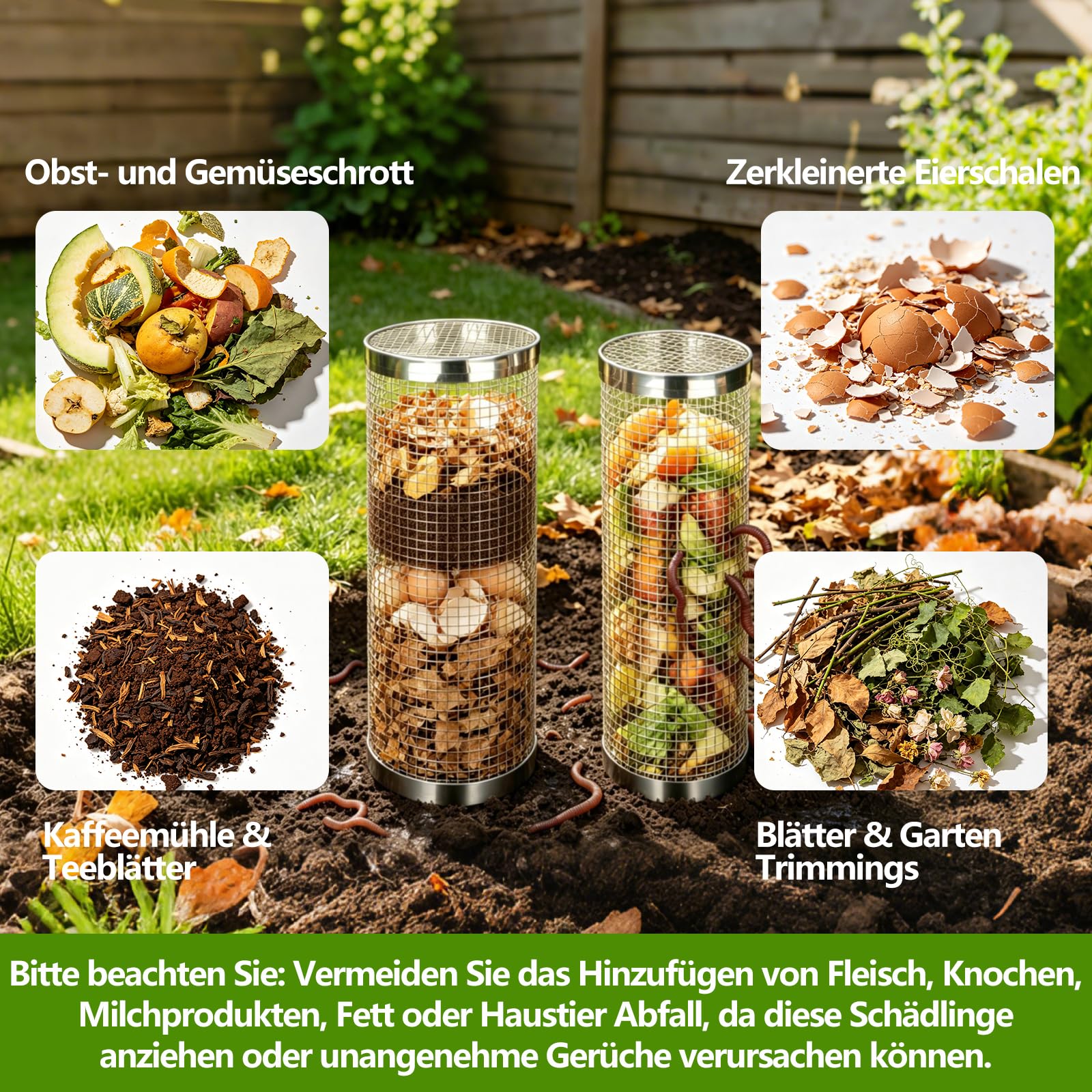 2 Packung Unterirdische Wurm Kompostierbestand - Kleine Runde Metall Edelstahl Komposter für Familiengarten, Kompostbehälter im Freien