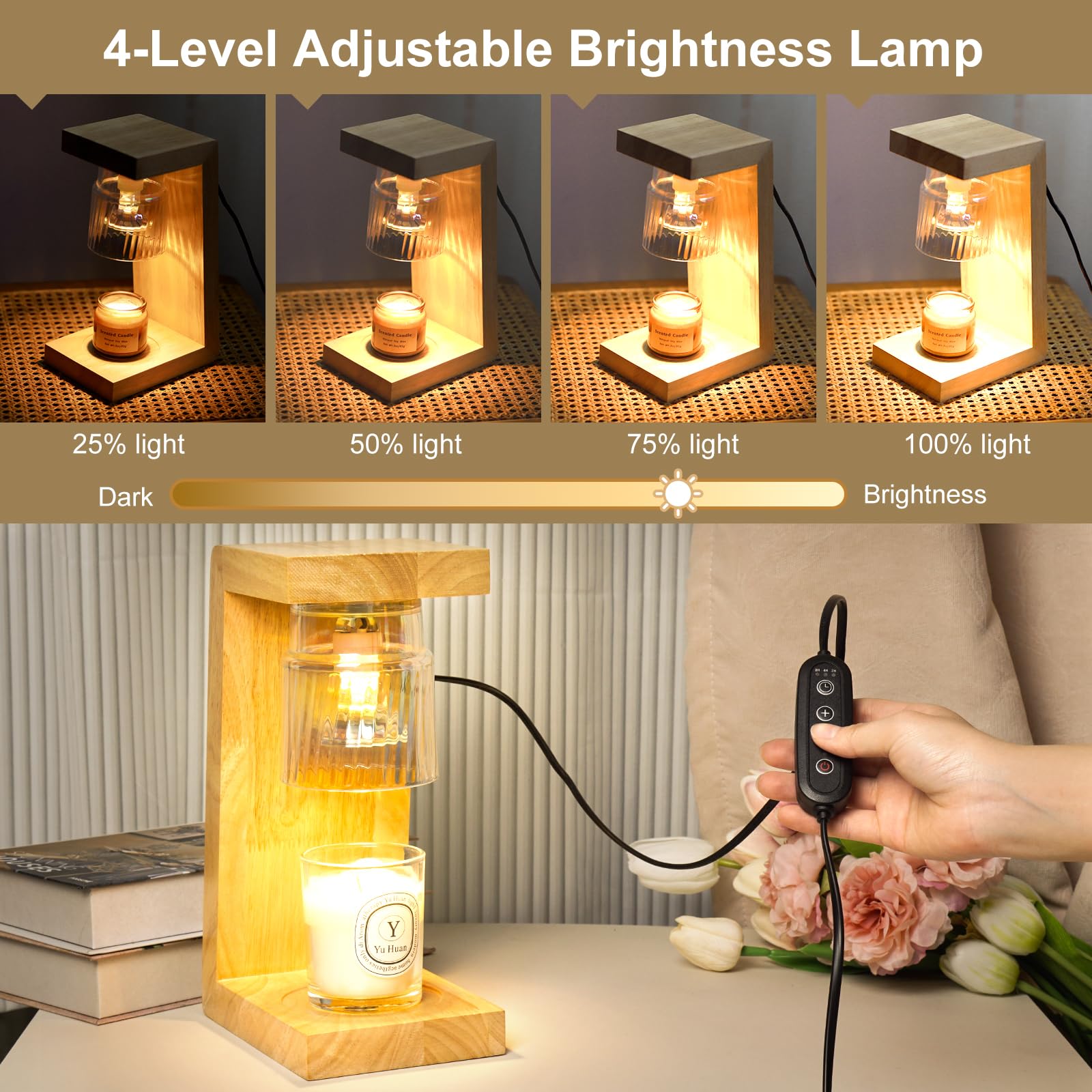 FADACHY Candle Warmer Lamp, Wood Candle Lamp with Timer, Flameless Candle Warmer Modern Candle Warming lamp/Wax Warmer Lamp with 2 Bulbs, for Decor Birthday Gifts