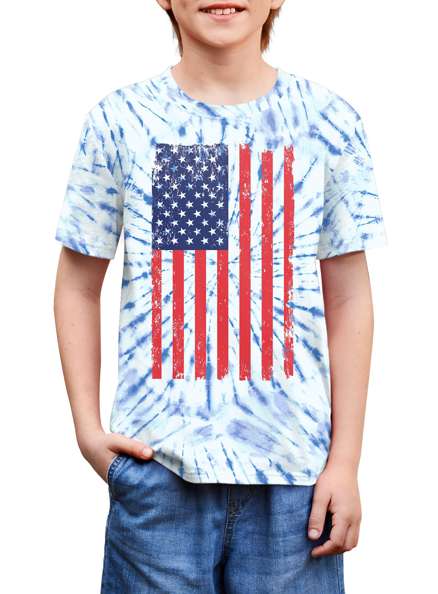 BesserBay Unisex Kids 4th of July American Flag Tee Tie Dye Patriotic Short Sleeve Shirt 6-14 Years