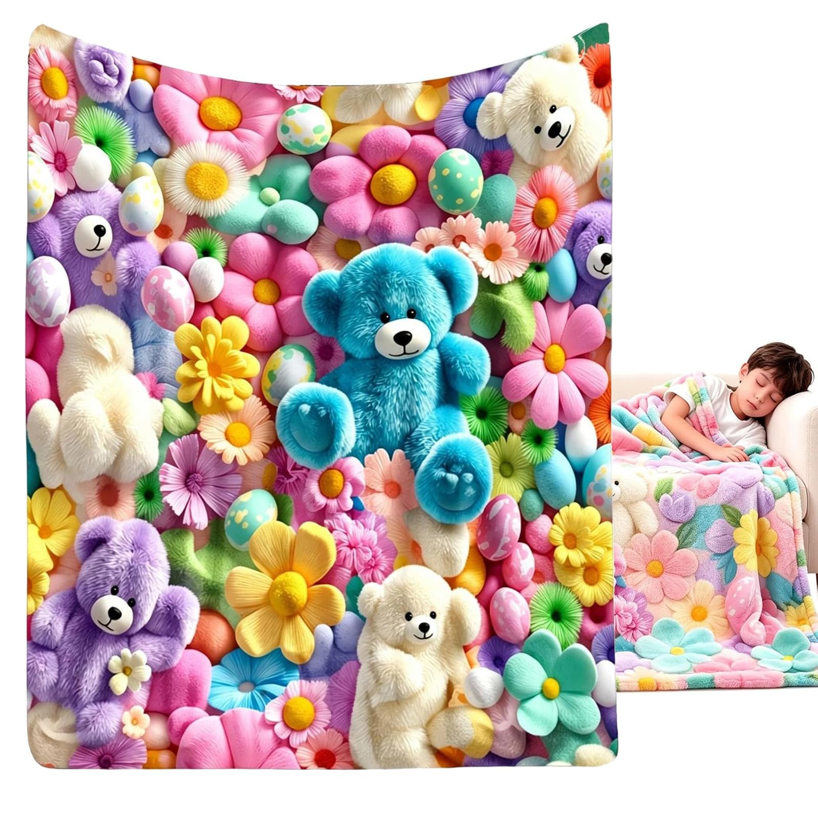 3D Teddy Pastel Floral Print Throw Blanket,Cute Teddy Bear Blanket，50x60in