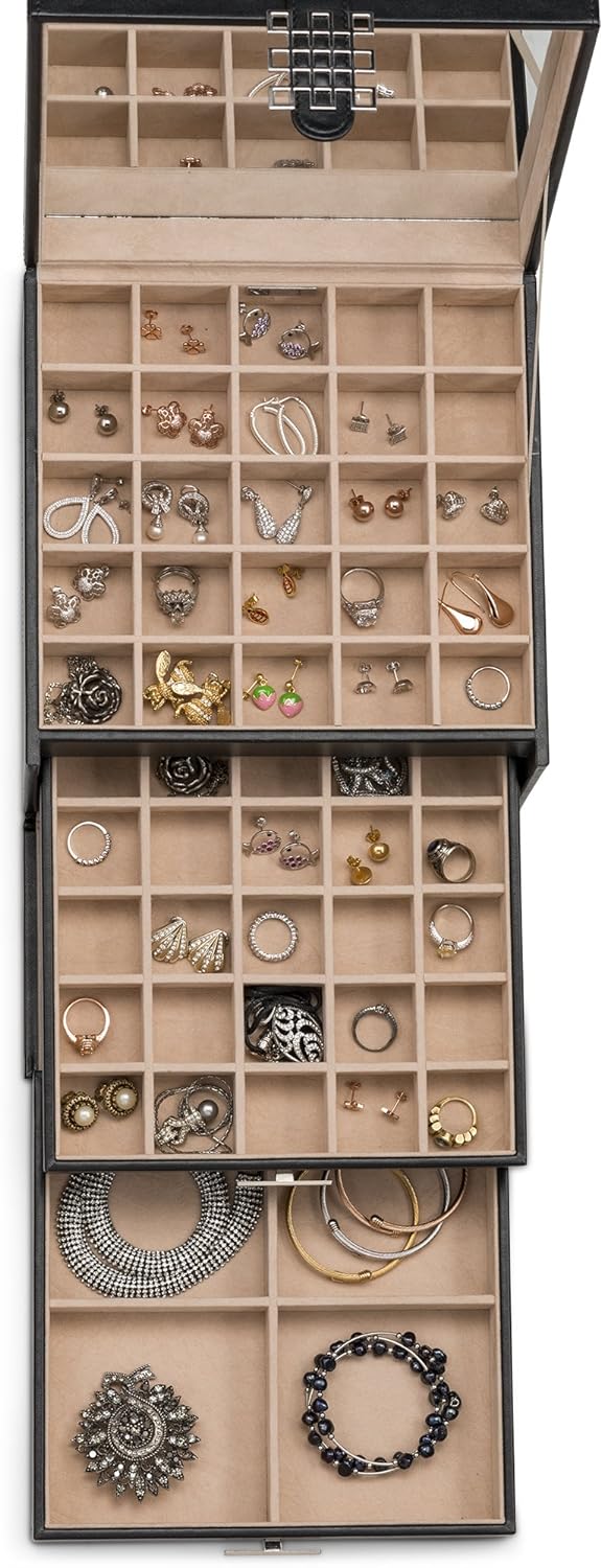 Glenor Co Earring Organizer Holder - 50 Small & 4 Large Slots Classic  Jewelry box with Drawer & Modern Closure, Mirror, 3 Trays for Earrings,  Ring or