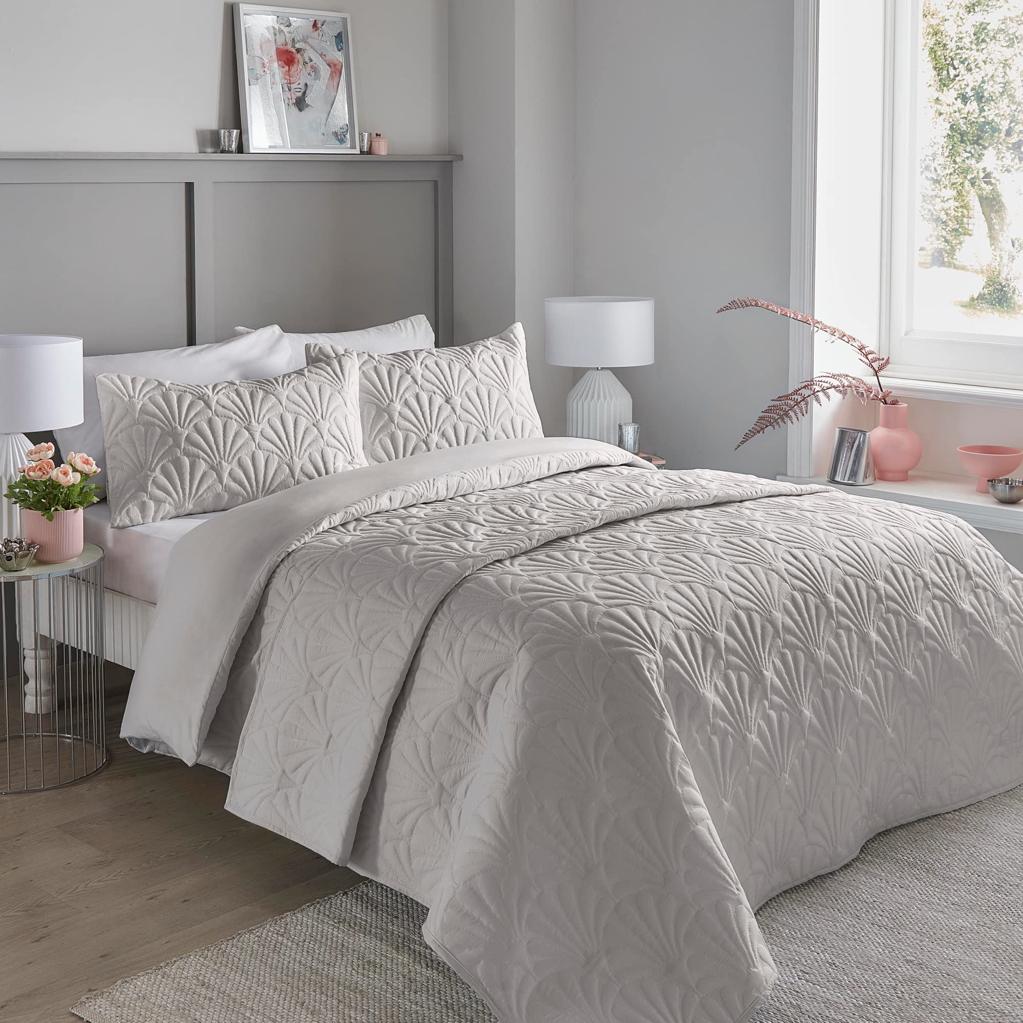 Serene - Silver Floral Embroidery Duvet Cover - King Bedding Size (230 x 220cm) - Luxury Bedding - Soft Touch - Pinsonic/Ultrasonic Pattern - Silver Embossed Duvet - Cavili Collection