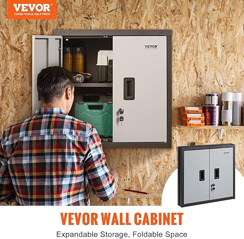 Miniatura 2 de VEVOR Armario de garaje de metal montado de 26 pulgadas, pequeño cofre de herramientas de 240 libras, capacidad de carga, estante ajustable, lima de