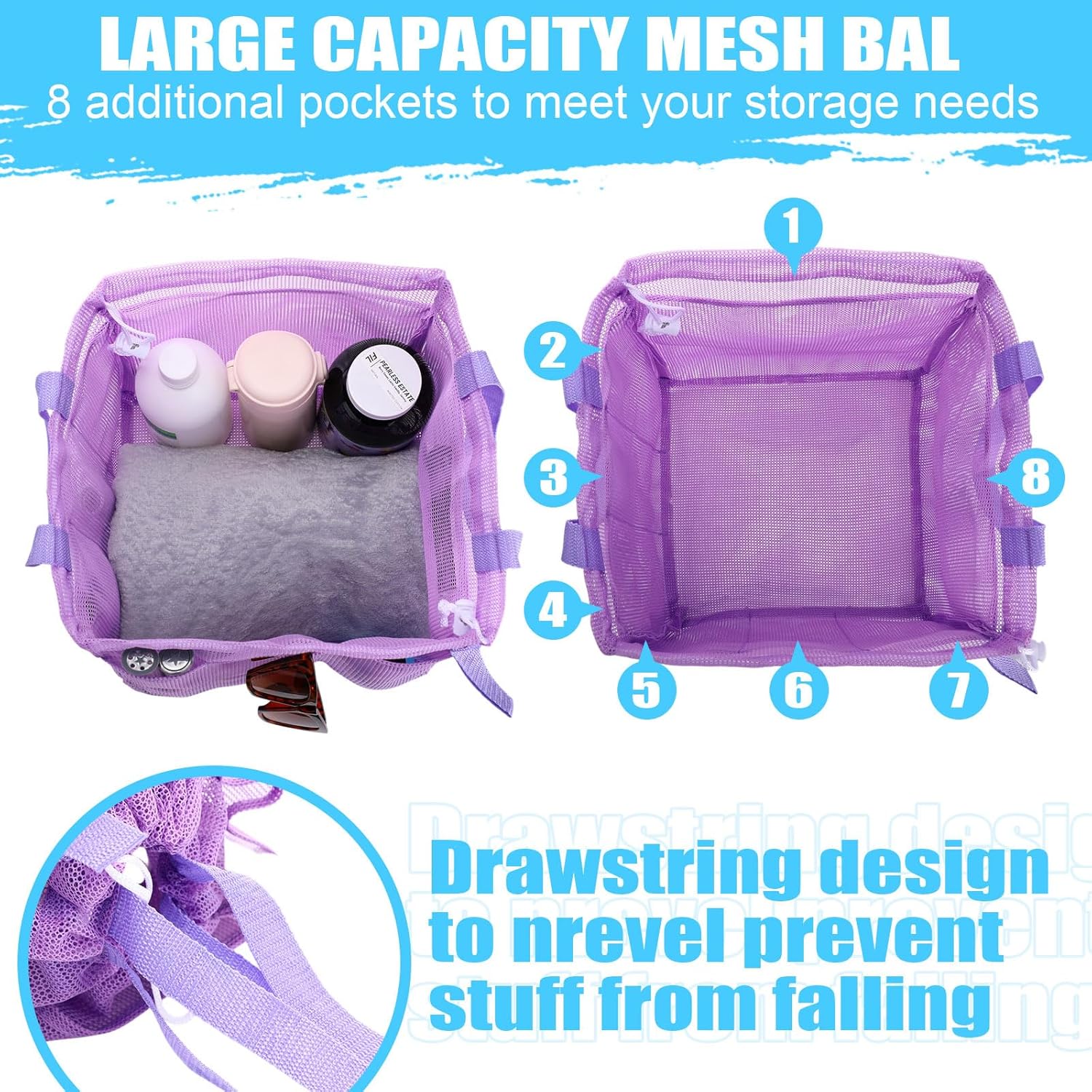 Kinlop 8 Pcs Mesh Shower Caddy Portable with Drawstring, Dorm Room Supplies with 8 Pockets for College Students, Hanging Large Shower Bag Basket Tote for Gym, Travel, Bathroom, Macarons Color