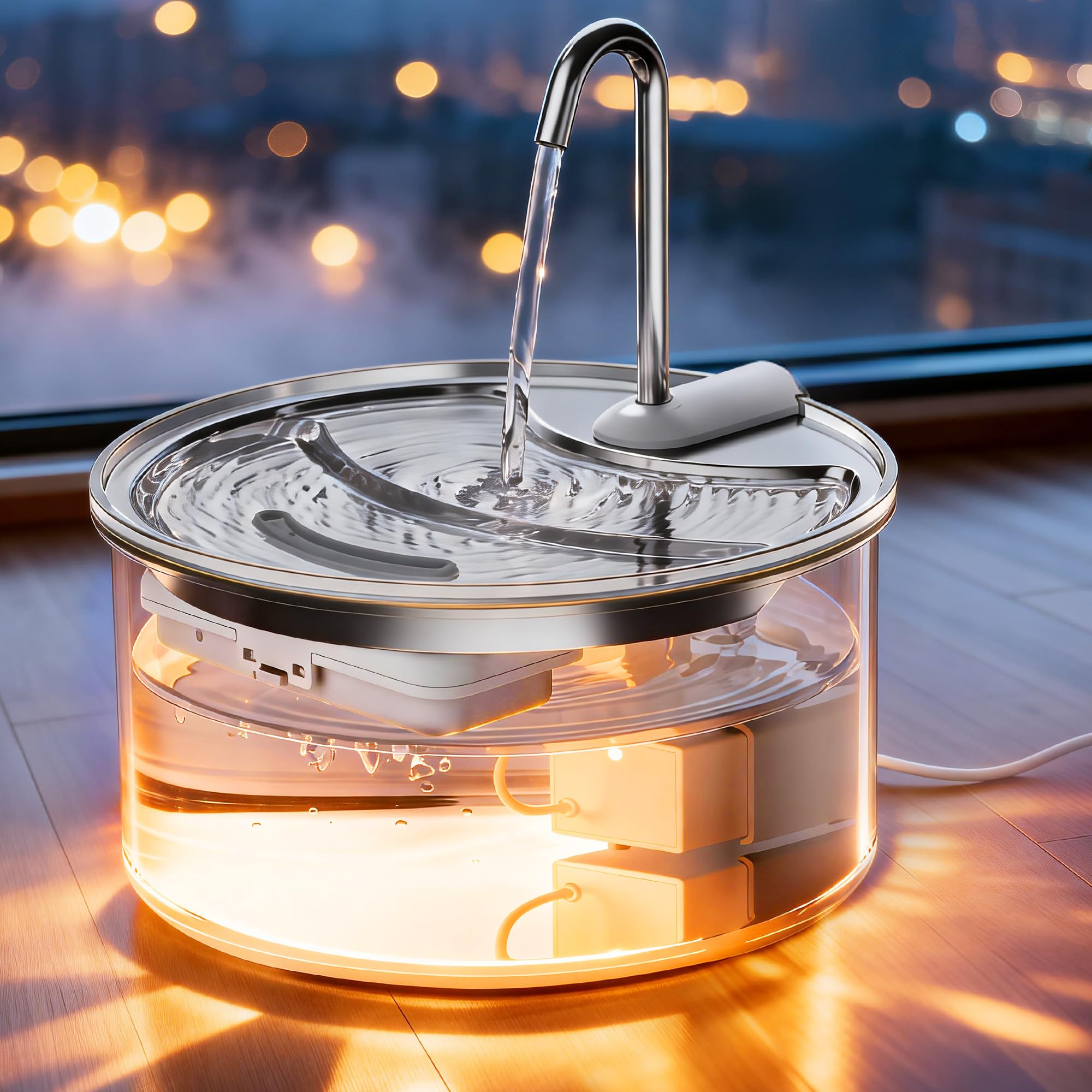 TOMXCUTE Fuente Gatos Cristal 2,5L con Nivel Visible 360° | Vidrio transparente, luz cálida, bomba silenciosa y 3 filtros incluidos para agua fresca