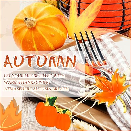 Miniatura 6 de Juego de 12 servilleteros de otoño de Acción de Gracias, incluye 6 servilleteros de hoja de arce de calabaza con 6 servilletas de color sólido para