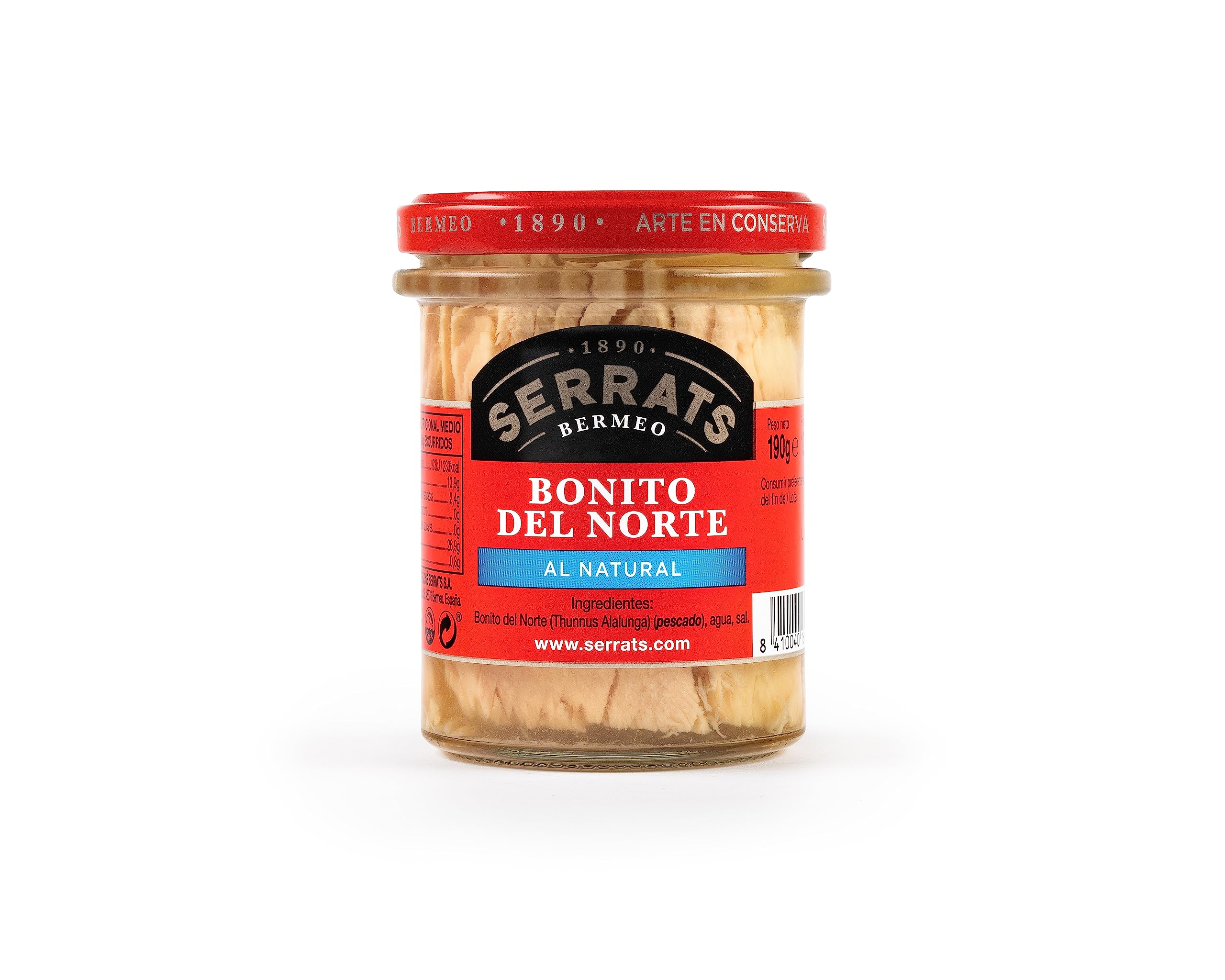 CONSERVAS SERRATS - Bonito del Norte del Cantábrico al Natural Sin Aceite - 6 Frascos x 190g (Total: 1140g) - Elaboración Artesanal desde 1890 - Sin Gluten - Rico en Omega 3