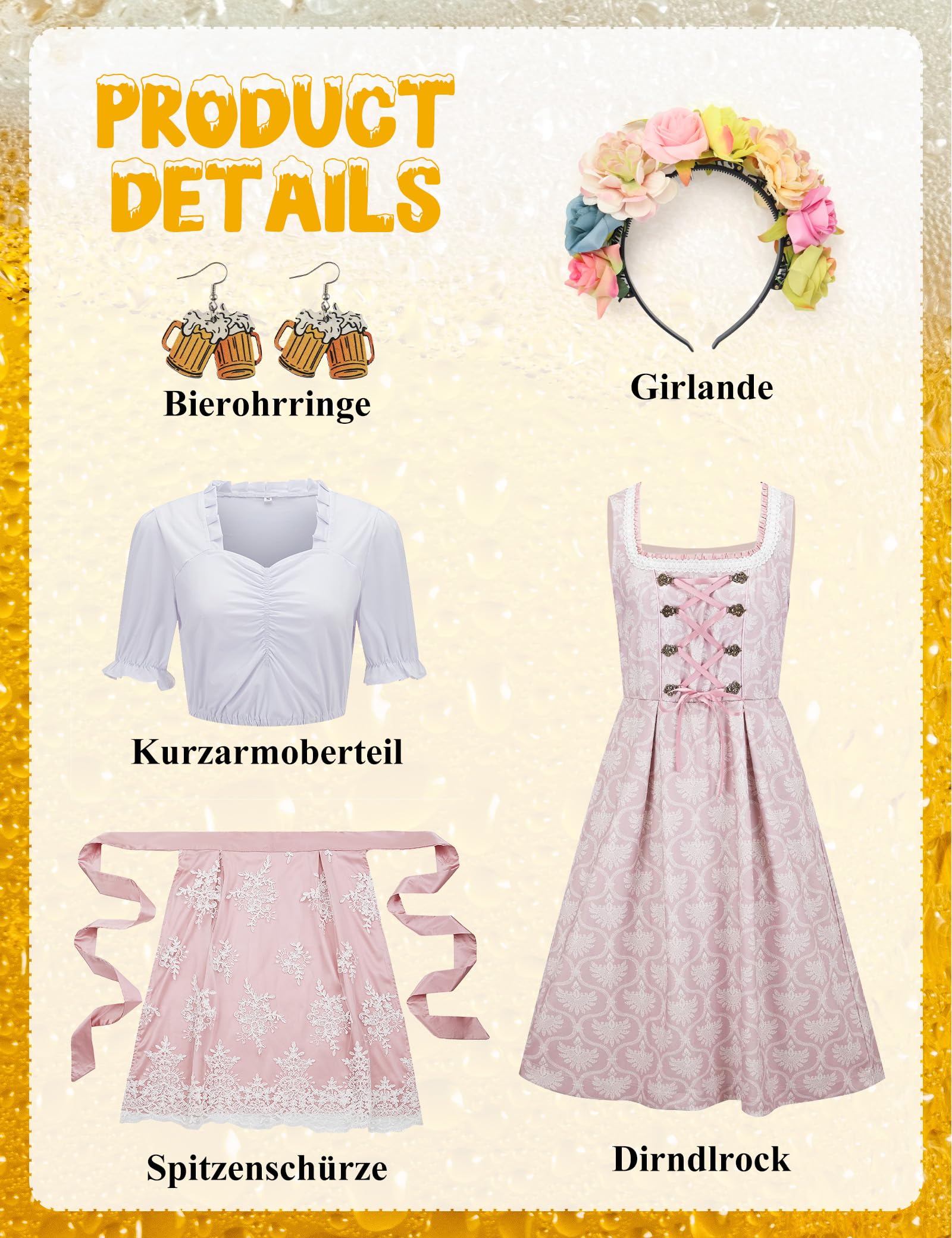 Ezuwail Dirndl Damen 5-Teilig Günstig Dirndl-komplettsets Große Größen Rosa Midi Dirndlkleid Outfit Billig Oktoberfest Dirndel Kleidung für Frauen Dirndelkleider Kostüm