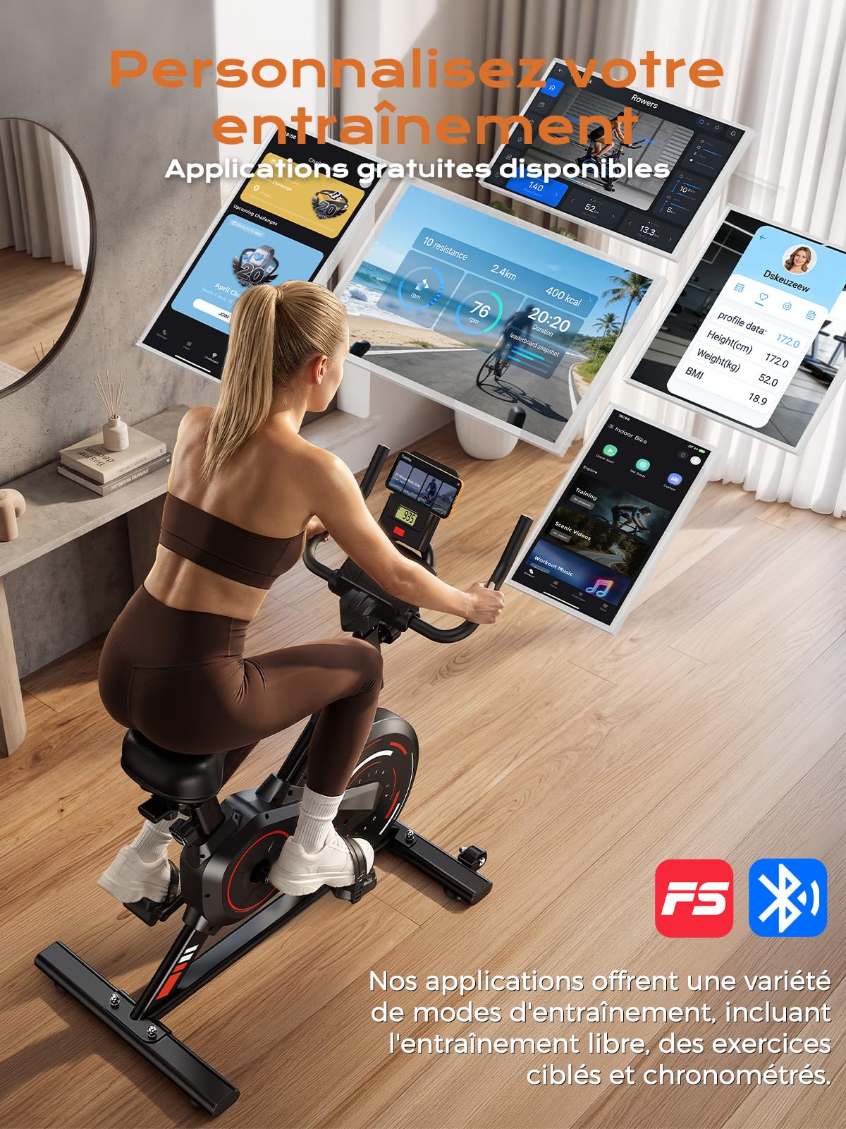 Dskeuzeew Vélo d’Appartement Connecté, Vélo d’Exercice à Résistance Magnétique 0–100%, Silencieux, Support Tablette & Capteur Cardiaque, Supporte Jusqu’à 160 kg