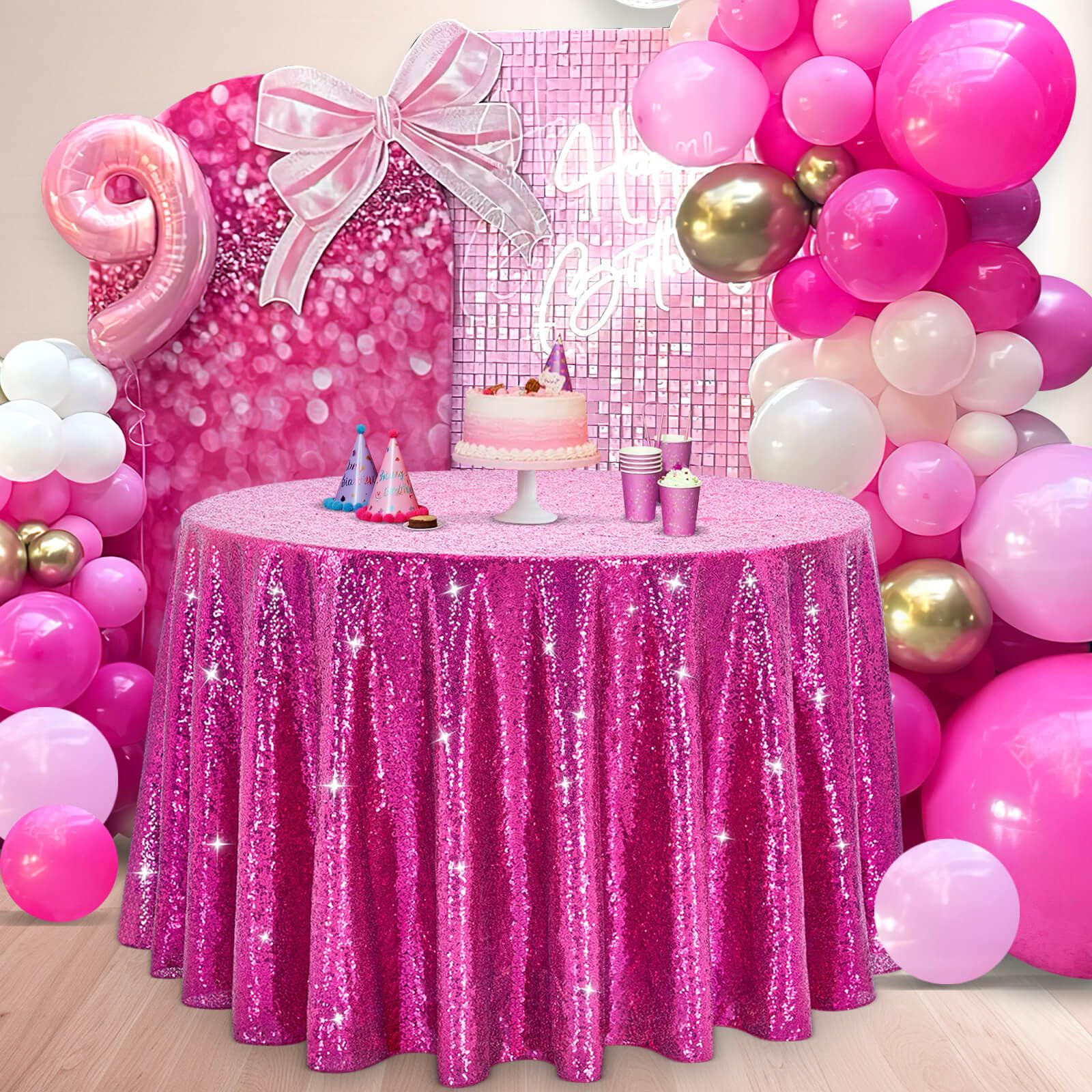 B-COOL Round Sequin Tablecloth Fuchsia Party Decorations 90 Inch Table