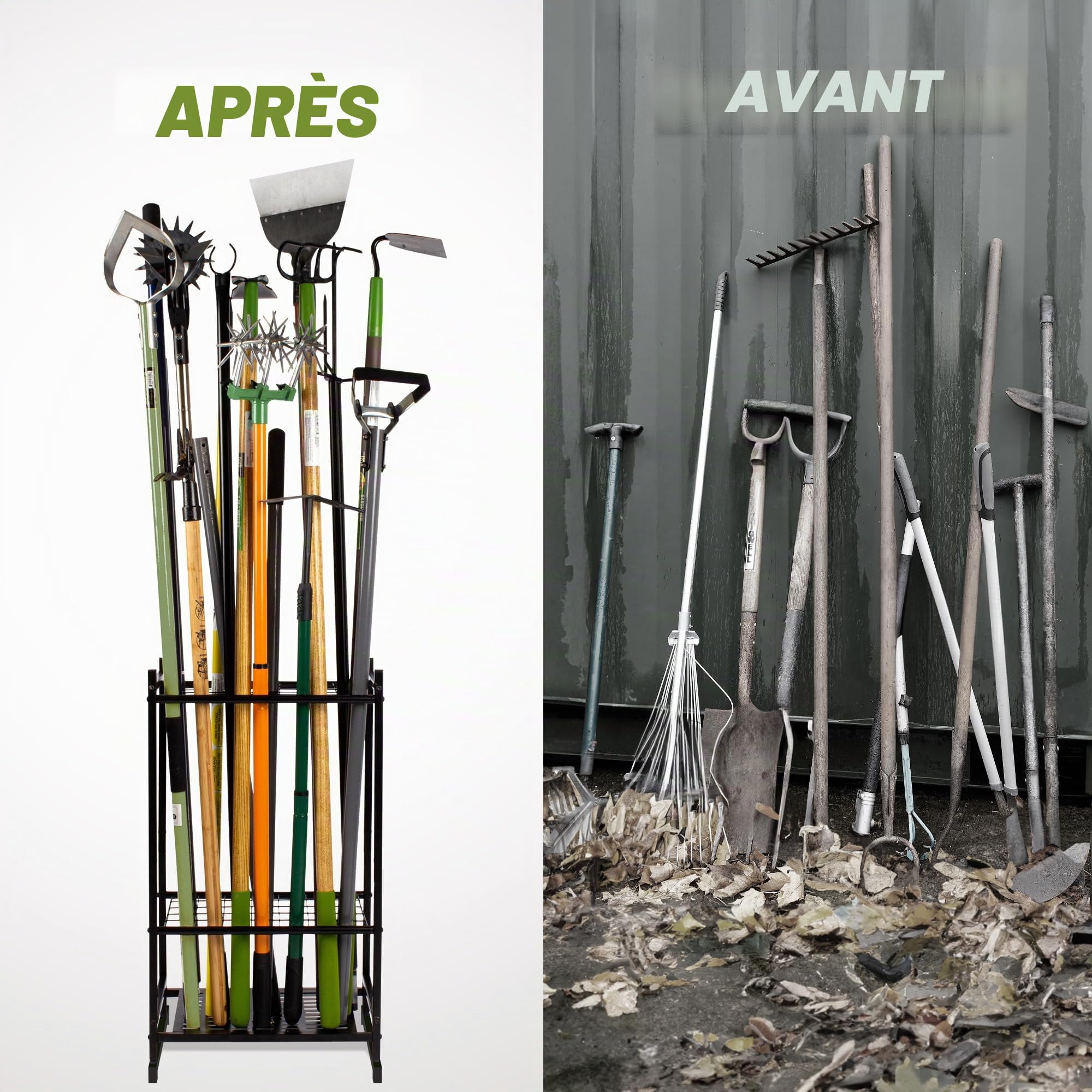 Organiseur outil de jardin et tour robuste pour l'organisation et le rangement du garage, jusqu'à 35 outils à long manche, râteaux/balais