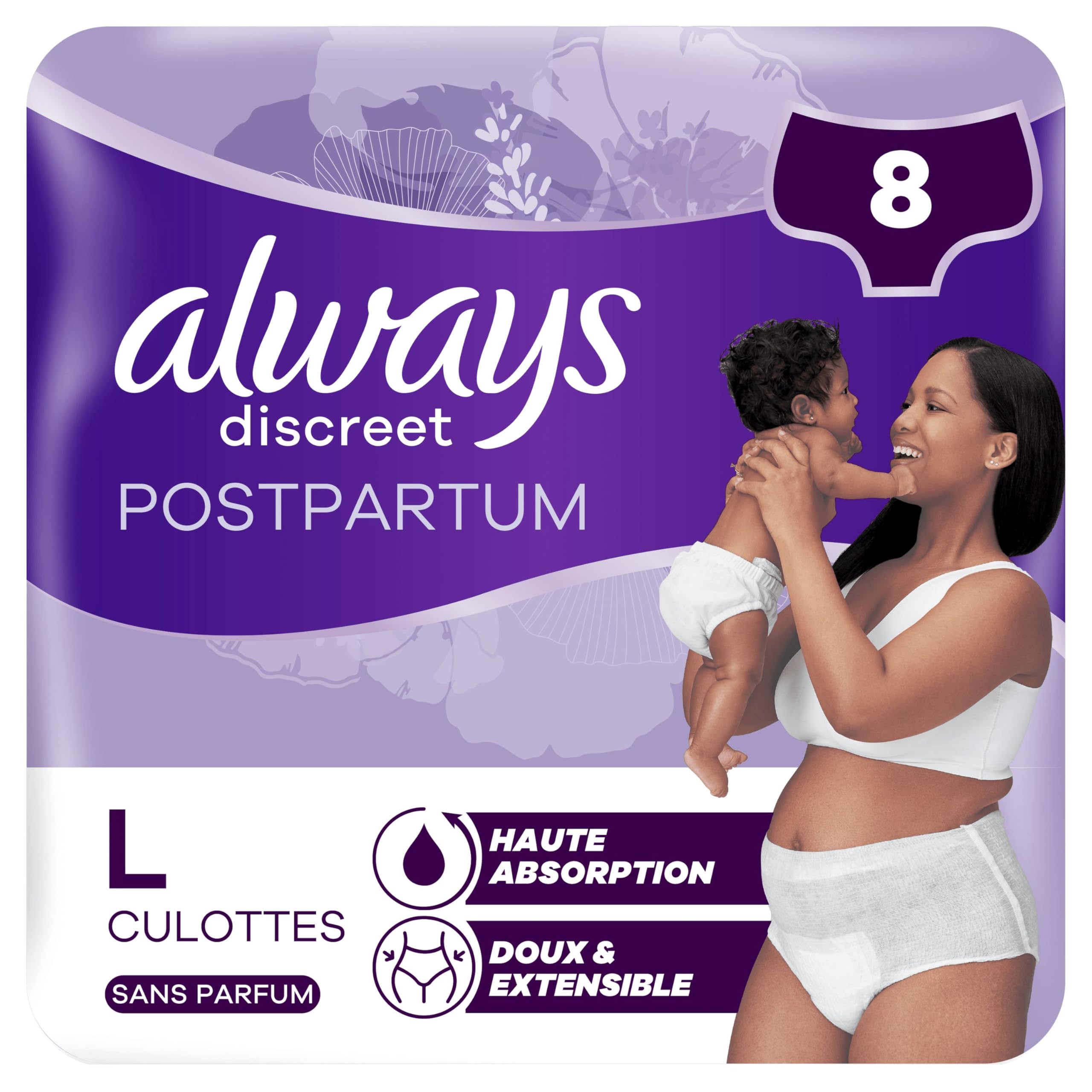 Culottes Postpartum Always Discreet - Taille L, Très Absorbantes - Lot De 8 - Pour Saignements Et Incontinence Après Accouchement