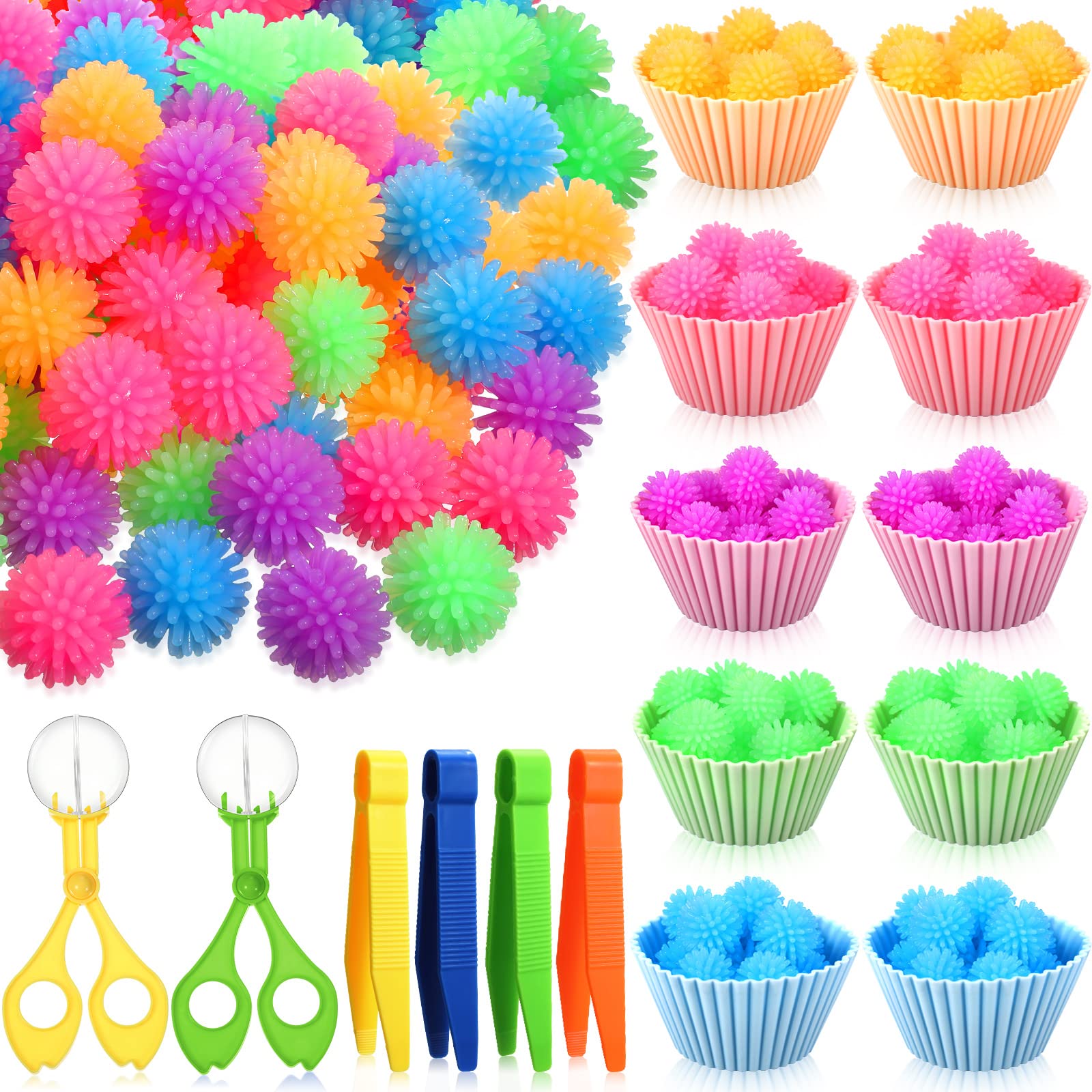Leitee 91 Pcs Fine Motor Skill Toys Include 75 Spiky Hedge Balls, 2 Scissors Clips, 4 Plastic Tweezers, 10 Assorted Colors Sorting Silicone Cups for