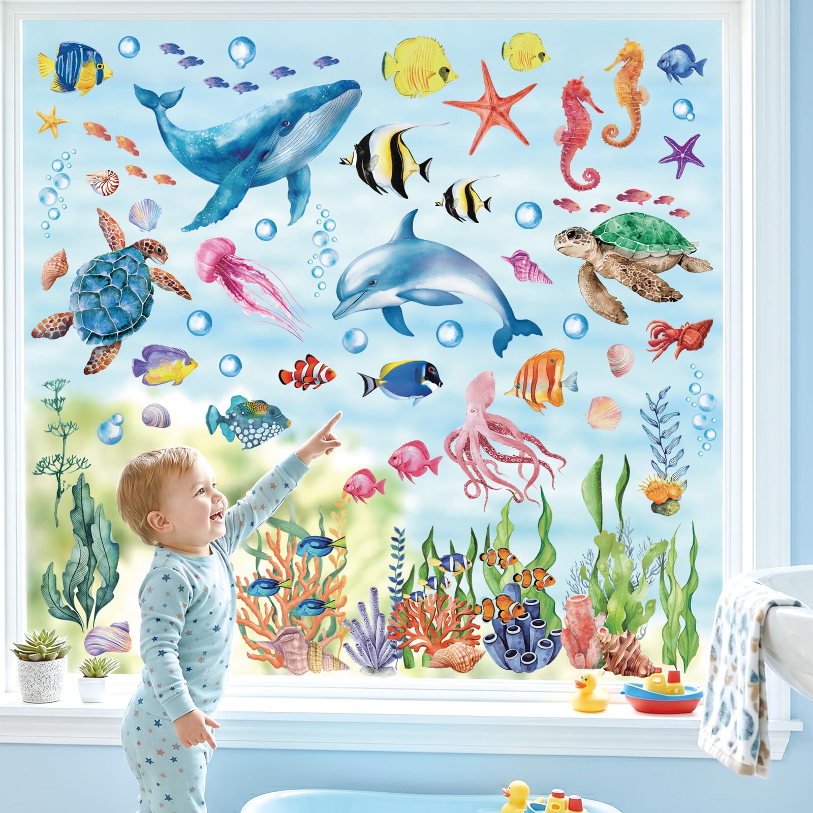 DECOWALL CDS9-9004 Under The Sea Window Stickers Ocean Fish Window Clings Turtle Jellyfish Reuseble Waterproof for Kids Nursery Living Room Window Home Bathroom décor - Double Sided Print — image 1