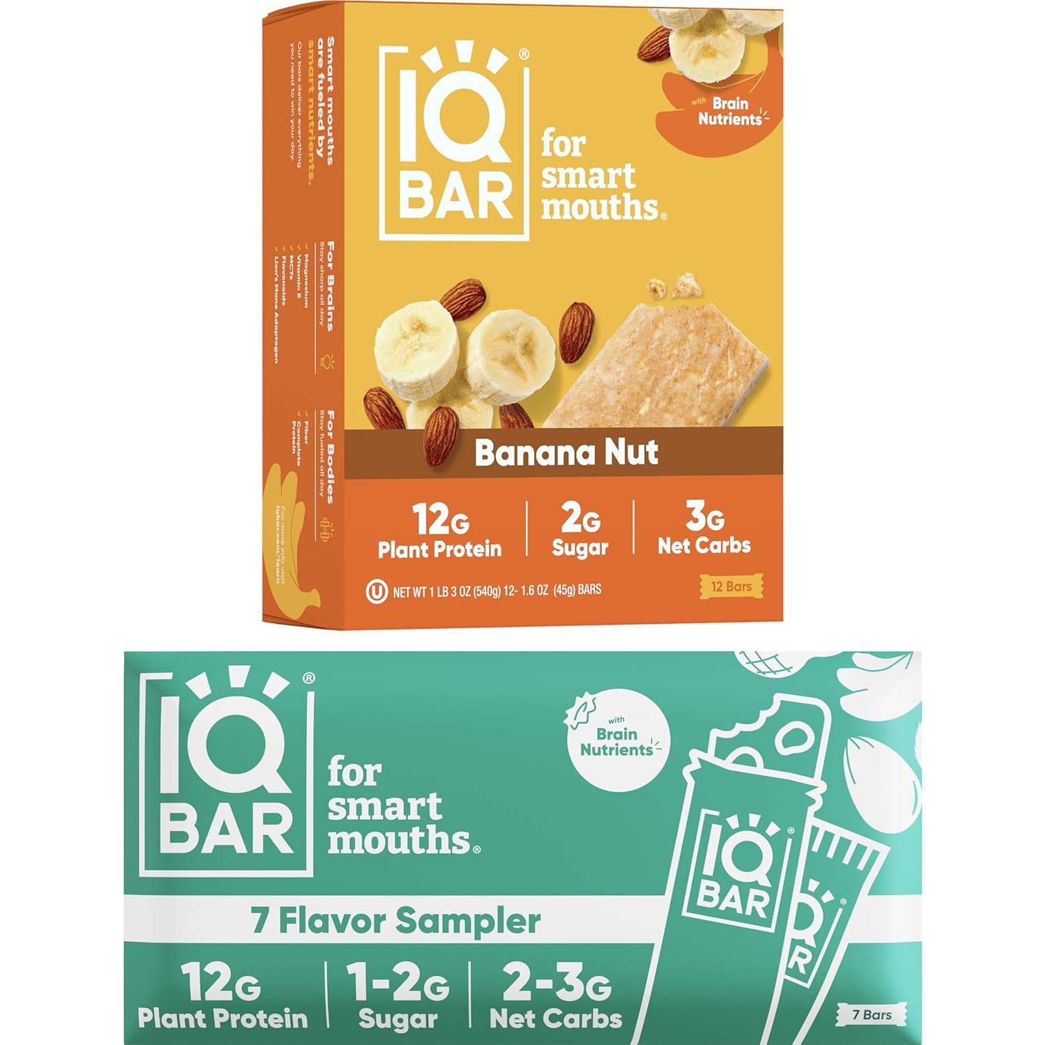 IQBAR Brain and Body Keto Protein Bars - 7-Bar Sampler & 12 Count Banana Nut Energy Bars - Low Carb Protein Bars - High Fiber Vegan Bars Low Sugar Meal Replacement Bars