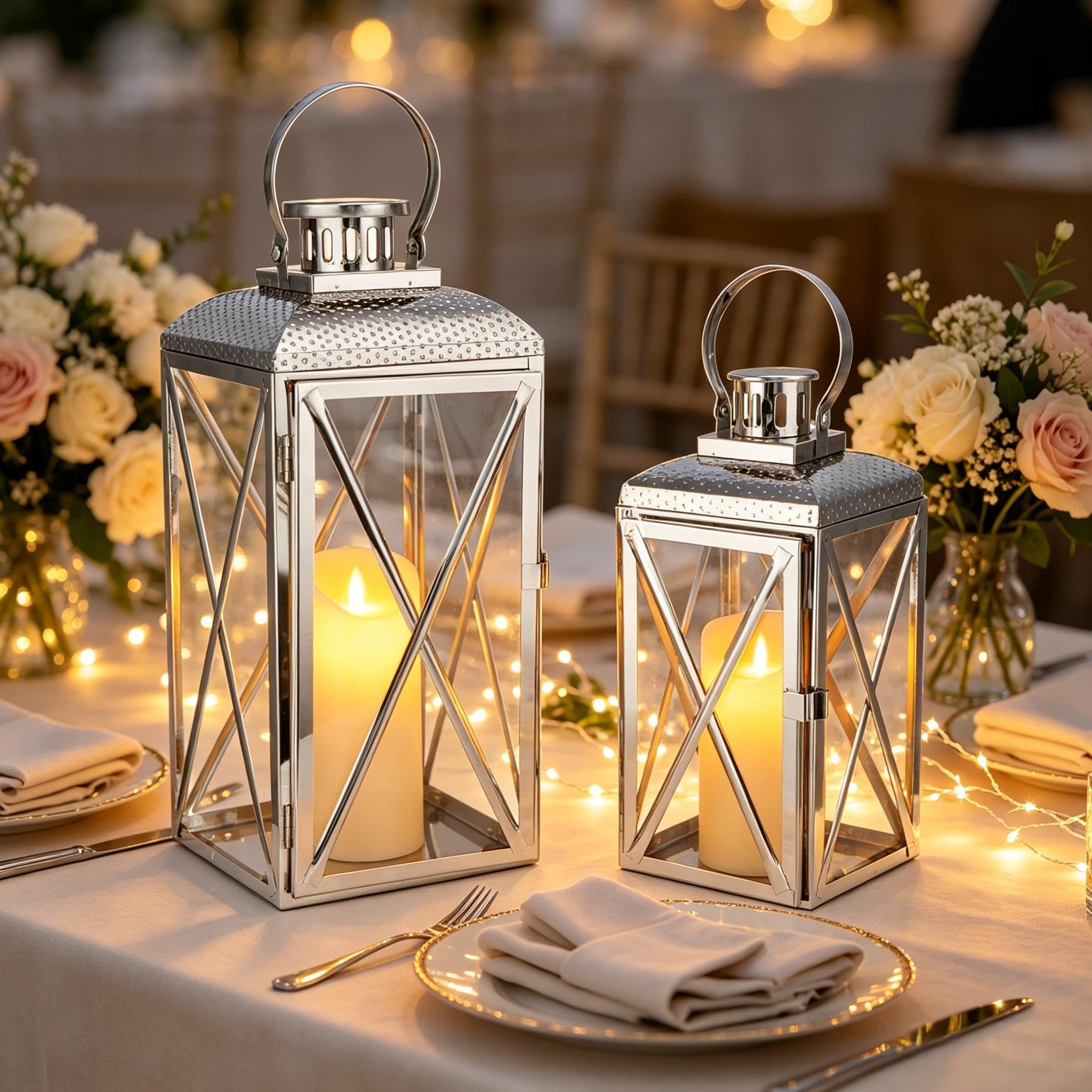 TRIROCKS Set of 2 Stainless Steel Decorative Lantern 46/36 cm High Hanging Candle Holder with Tempered Glass for Garden Home Decor Parties Weddings Events Tabletop Patio Indoors Outdoors (Silver)