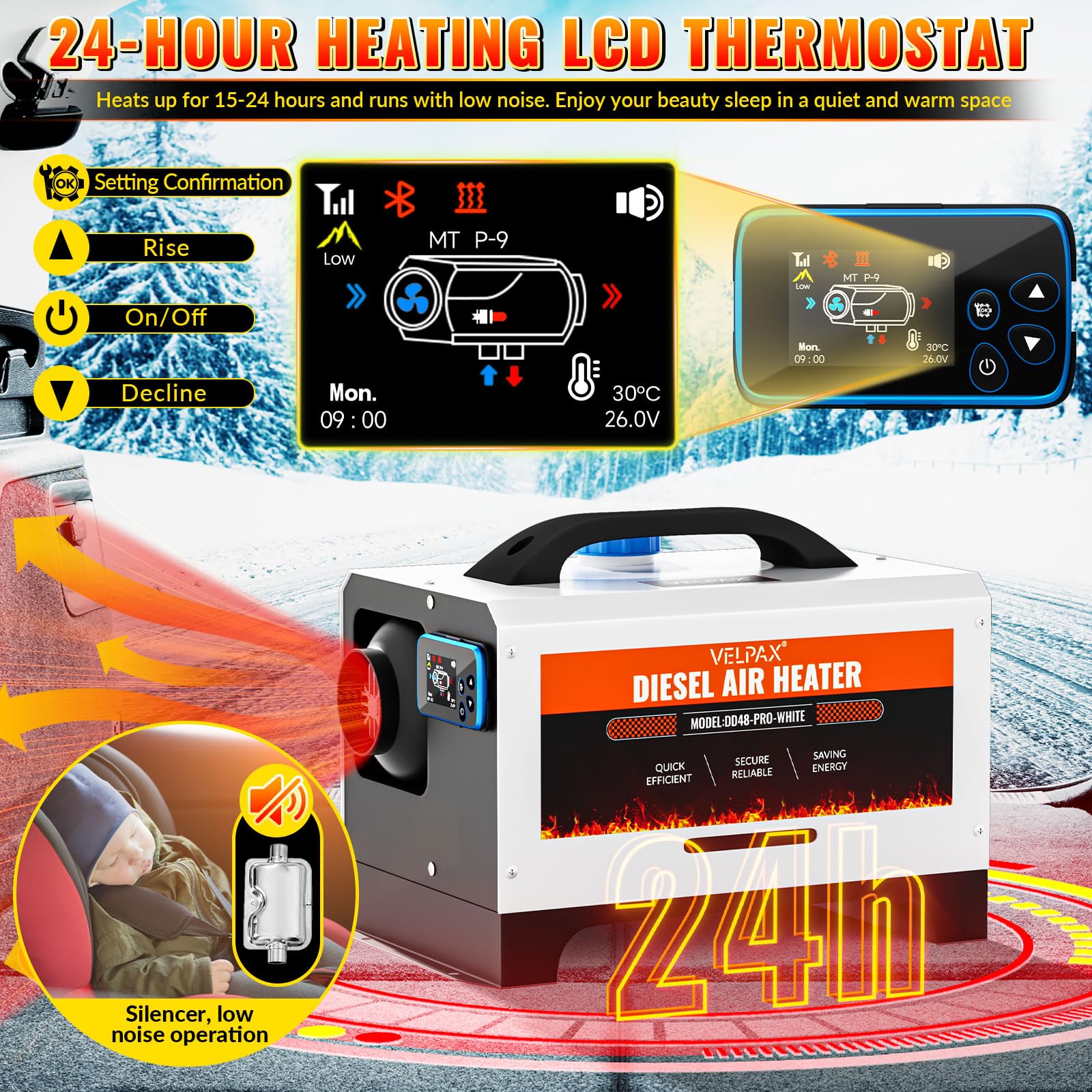 VELPAX Calentador Diésel Portátil Todo en Uno 12 V 24V 220V 8KW,Bluetooth App Calentador de Aire Diesel 0,16-0,52 L/h LCD de Control Remoto,Adecuado para Autocaravanas,Coches,Camiones,Autobuses