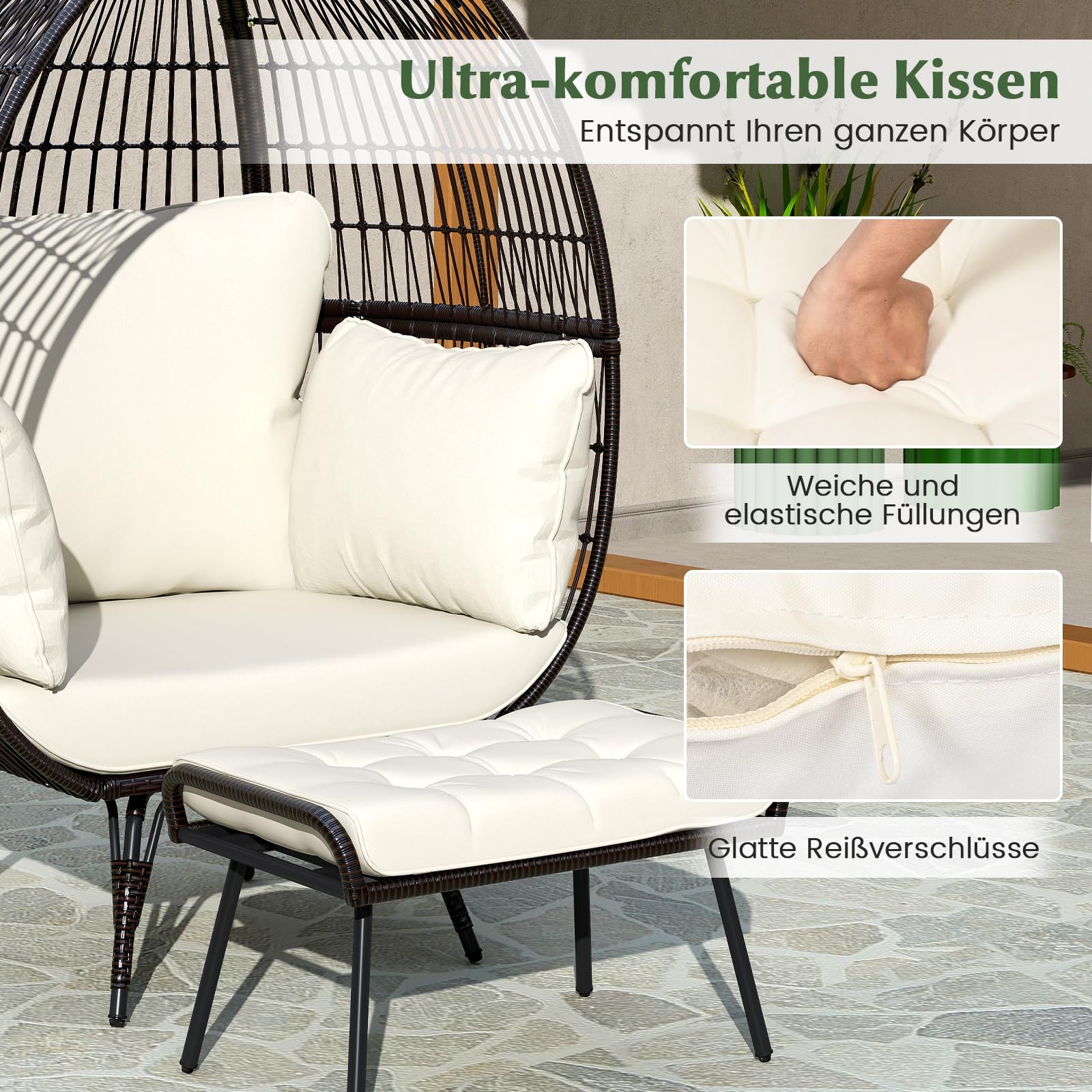 COSTWAY Fotel wiklinowy, rattanowy z taboretem, bardzo duży fotel ogrodowy z poduszkami i metalowym stelażem, fotel rattanowy XXL, fotel wypoczynkowy na balkon, do ogrodu, na taras, do salonu