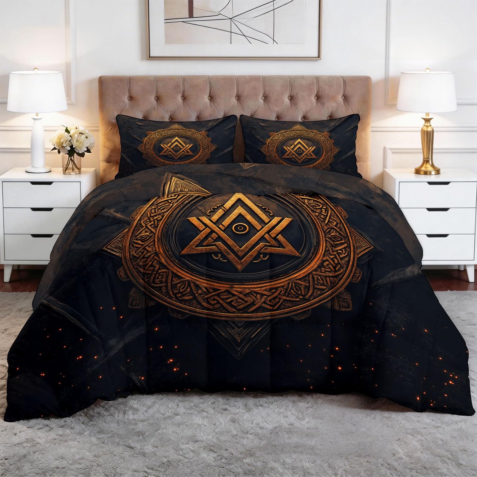 Genérico Kołdra kołdra pikowana 220 x 220 cm Vikings Runy, wypełnienie wypełnienia 400 g/m² - Komfort termiczny na 4 pory roku, antyalergiczna - 3-częściowy zestaw, dla dzieci i dziewcząt, granatowa