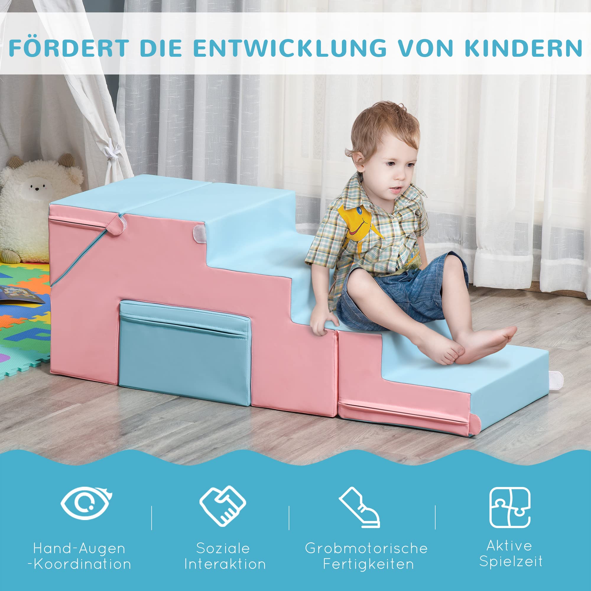 HOMCOM 2 TLG. Schaumstoff Bausteine Kinder Softbausteine Weiche Riesenbausteine Schaumstoffblöcke für 1-3 Jahre alt Kinder Spielbausteine Rosa+Blau