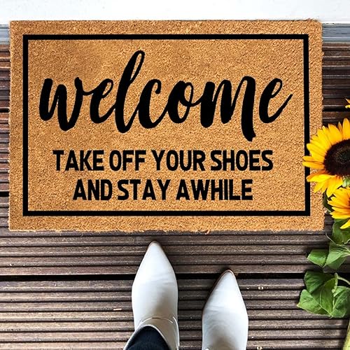 Miniatura 4 de Tapete divertido de fibra de coco con texto en inglés "Welcome Take Off Your Shoes and Stay Awhile", tapete para puerta delantera, entrada al aire