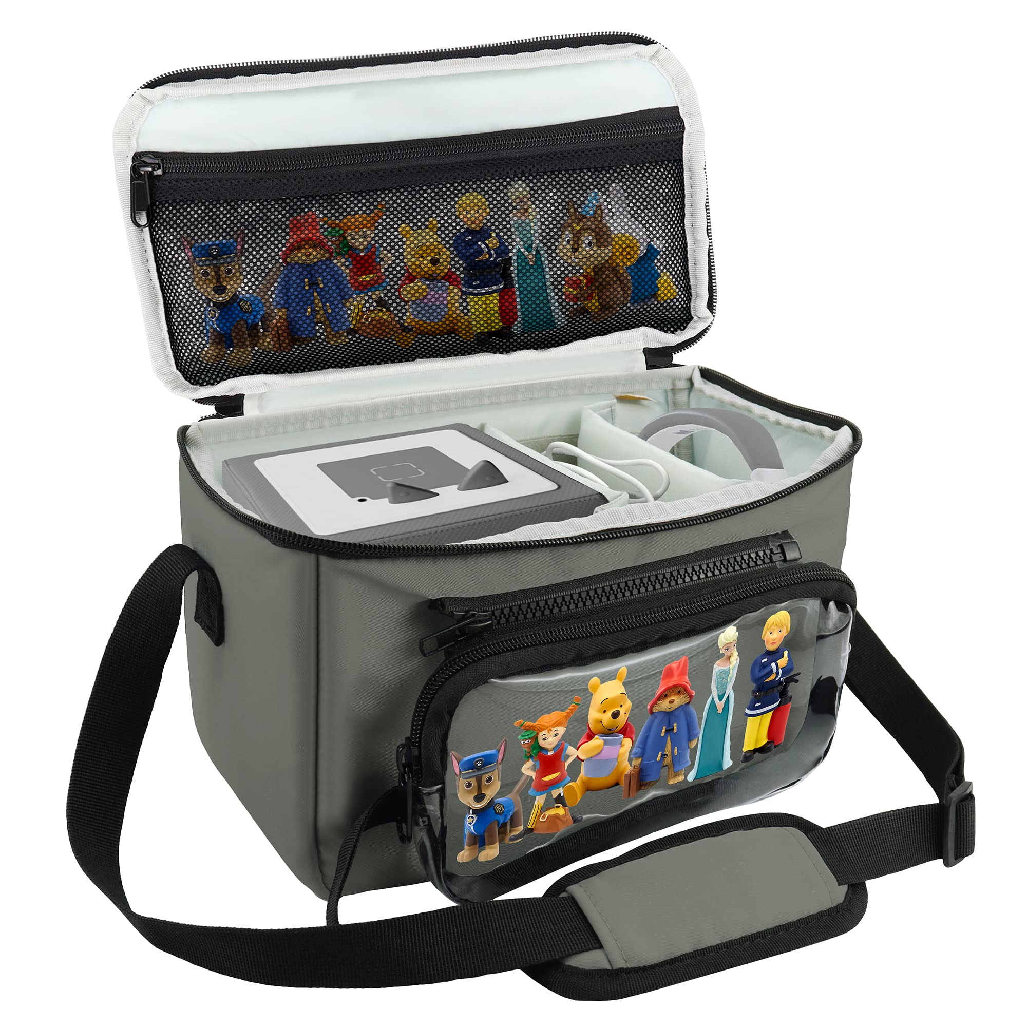 Annmore Tasche für Toniebox, Hörfiguren und Kopfhörer, Grau | Passend für Toniebox 2 und 1, Kompatibel mit Tigerbox, Verstellbare Innenfächer, Abnehmbar Tragetasche