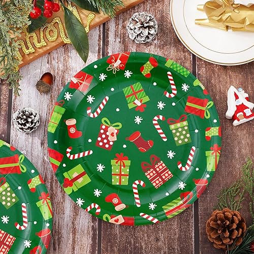 Miniatura 4 de Whaline Platos de papel de Navidad, caja de regalo de copos de nieve, platos desechables redondos de 9 pulgadas, vajilla decorativa de Navidad para