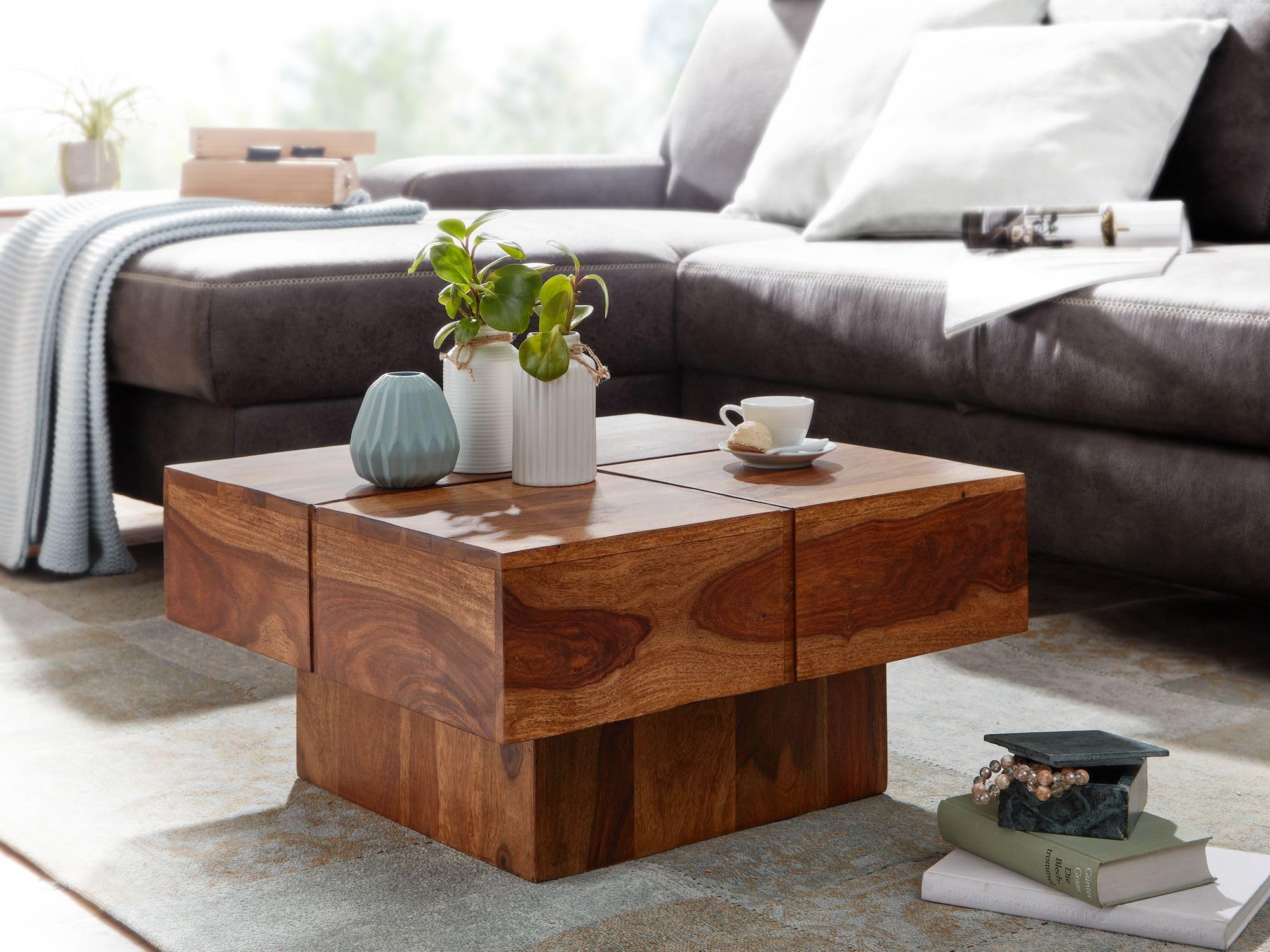 FineBuy Tavolino 57,5x57,5x30 cm Legno Massello di Sheesham Quadrato