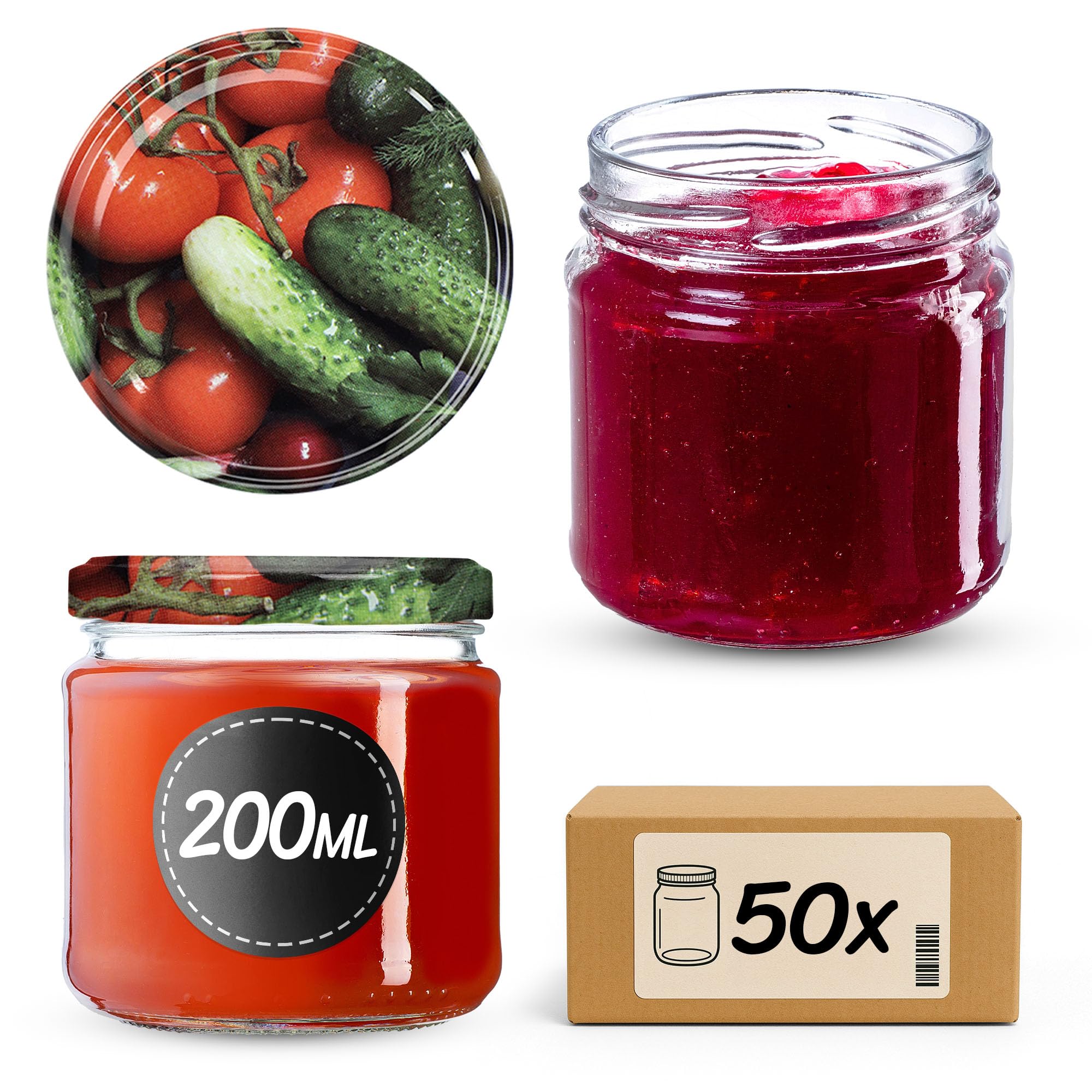 KADAX Set di 50 barattoli in Vetro 200ml Ø66 – Tappo a Vite ermetico, Lavabili in lavastoviglie, per marmellate, Miele, Conserve e spezie