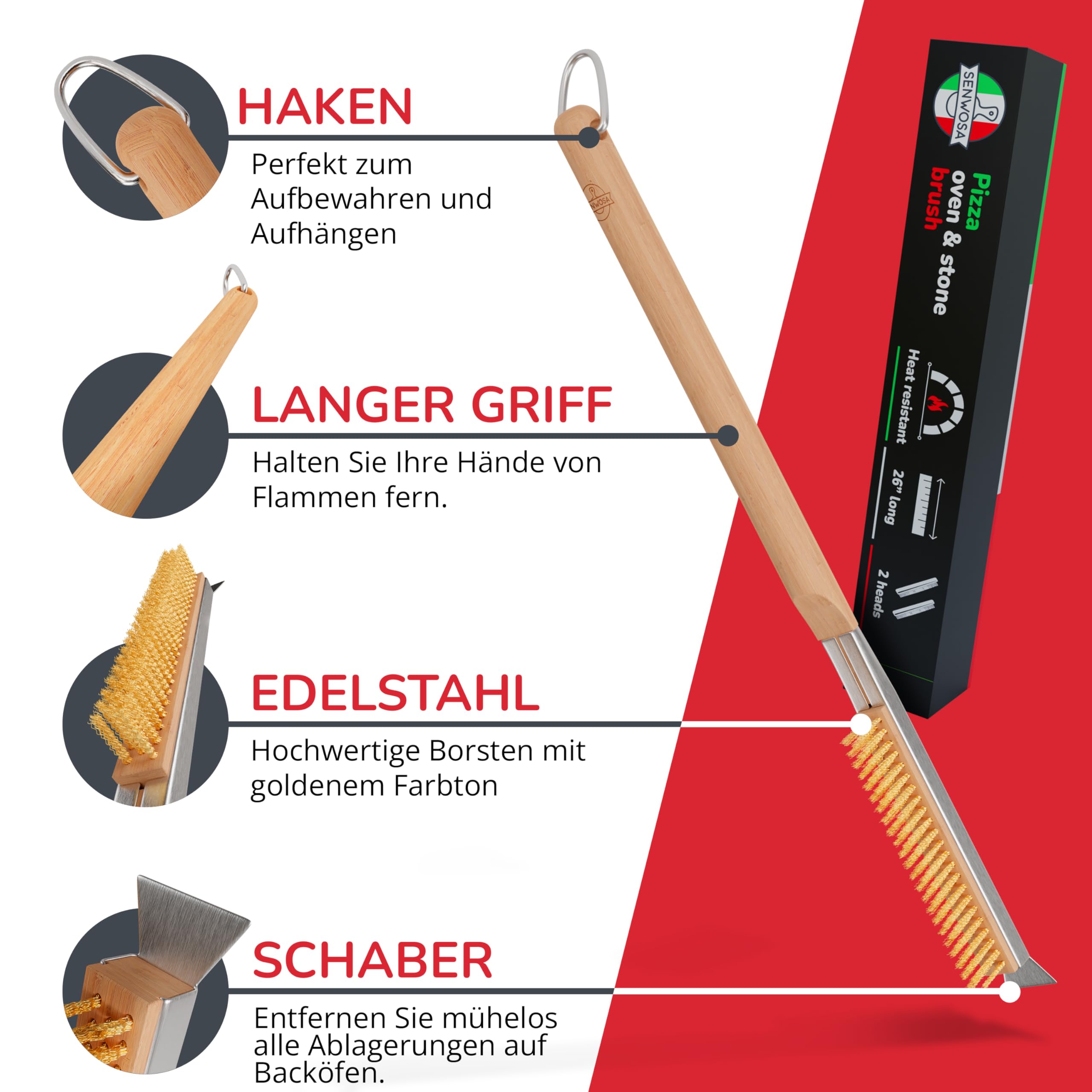 Senwosa Pizzaofen Bürste 66 cm mit Pizzastein-Schaber und zusätzlichem Ersatzkopf - Reiniger und Besen mit Edelstahlborsten, Langer Griff, Zubehör, kompatibel mit vielen Ooni und ähnlichen Pizzaöfen