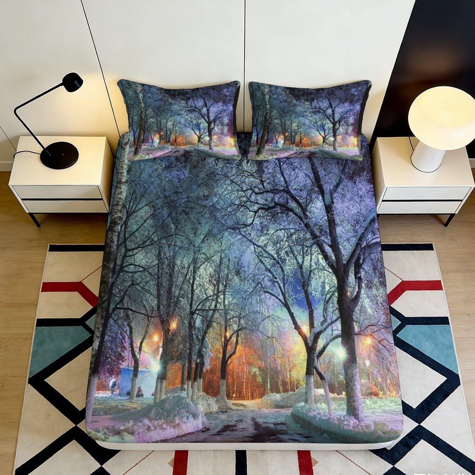 3D Printed Night Forest Fitted Sheet Microfiber Soft Bedroom Decor Autumn Path Mattress Cover Washable 90x200x25cm