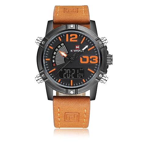 Qingmei Mens Sports Watches Fashion Luxury Waterproof Military Quartz Digital Leather Wrist Watch - Orange/Orange