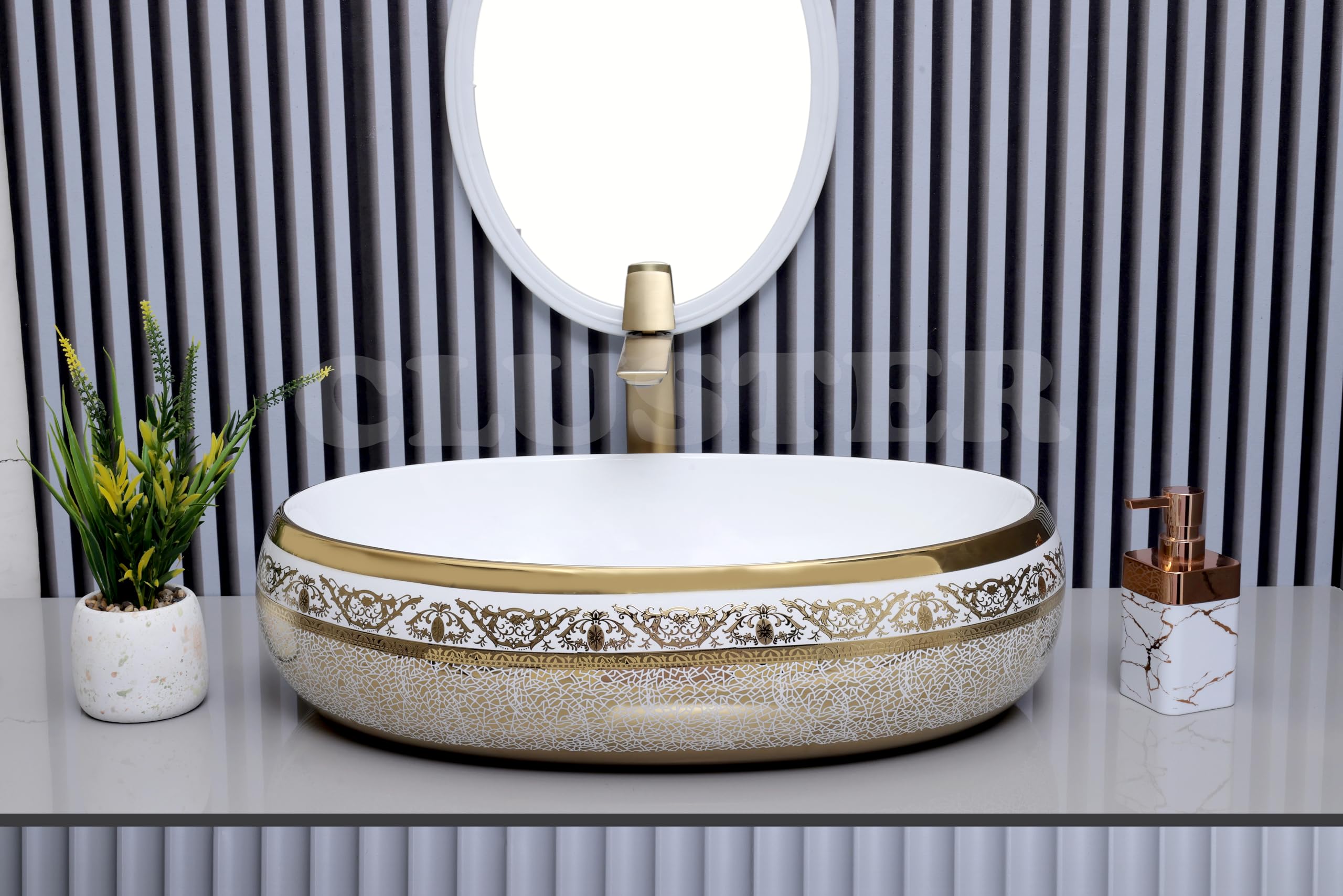 CLUSTER Designer Glossy Ceramic Table Top Wash Basin For Bathroom | Countertop Bathroom Sink For Livingroom, Resturant Decor, Oval Shape (23.6 x 15.7 x 6 inch) (CLTT-242)