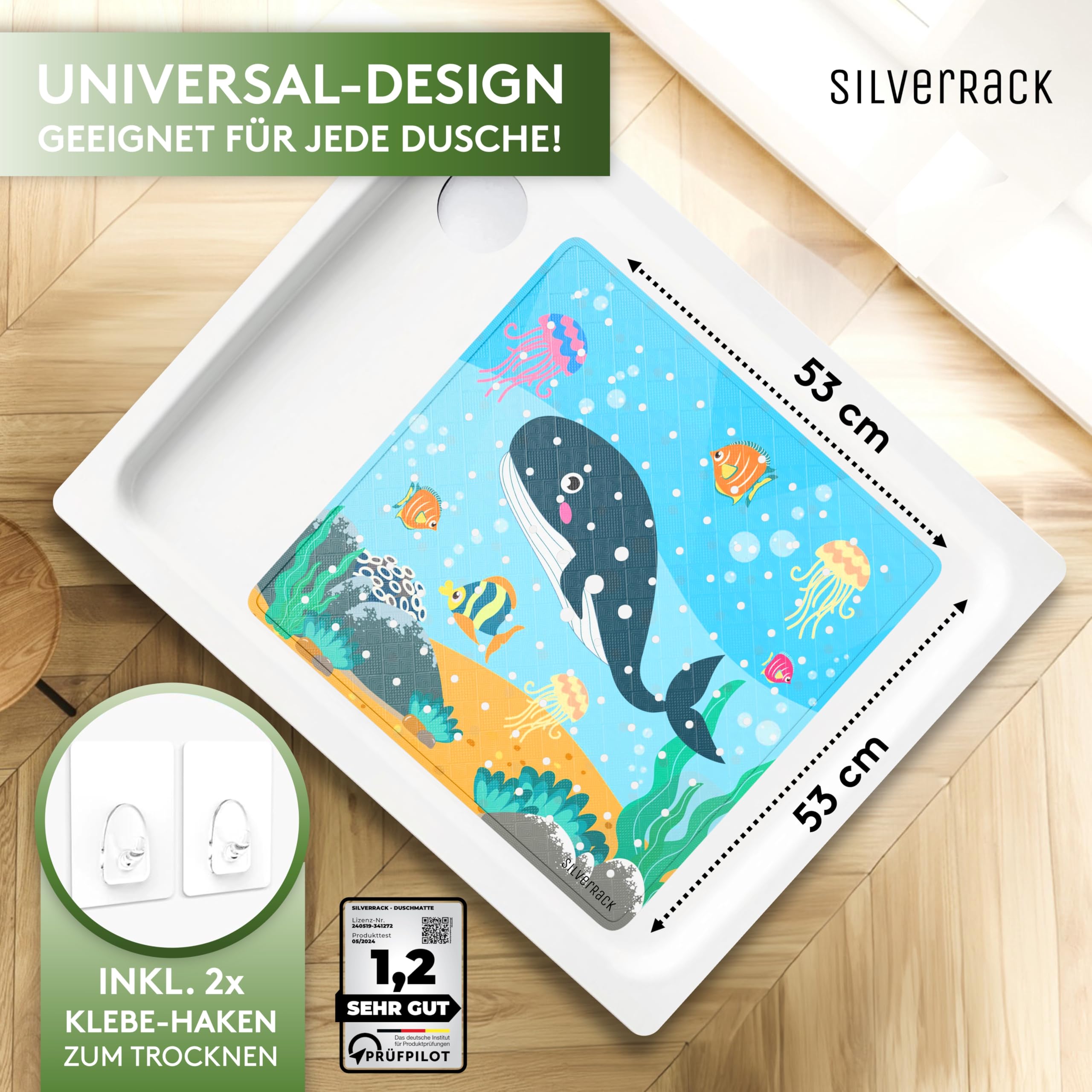 SilverRack Tappetino da doccia per bambini, antiscivolo, 53x53 cm (motivo balena), senza BPA, per bambini, lavabile in lavatrice e resistente alla muffa, tappetino da doccia stampato