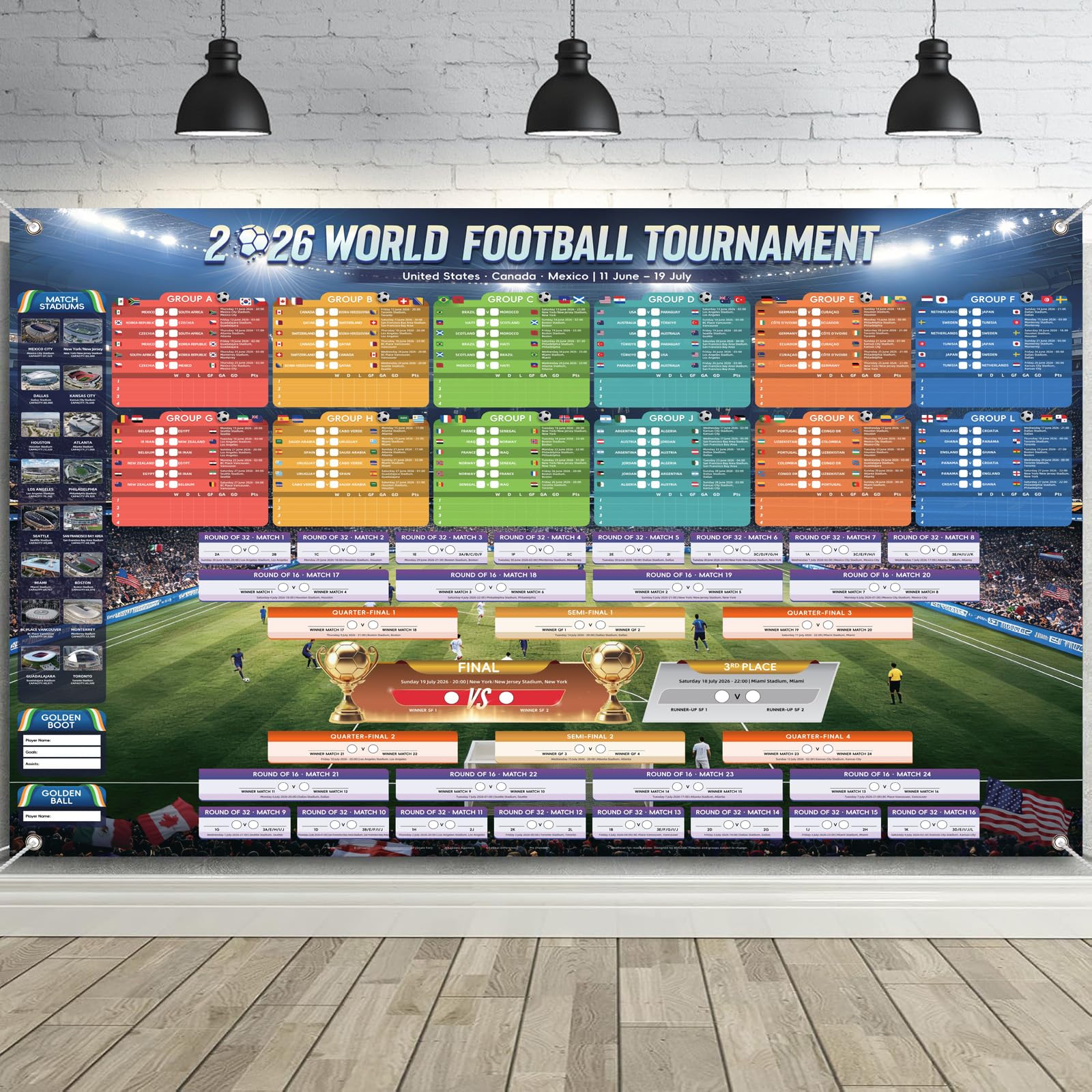 AhfuLife Grande grafico da parete in tessuto per decorazioni per feste 2026, 180 x 110 cm, include 48 squadre gruppo risultati finali calendario da parete per tifosi di calcio per interni ed esterni