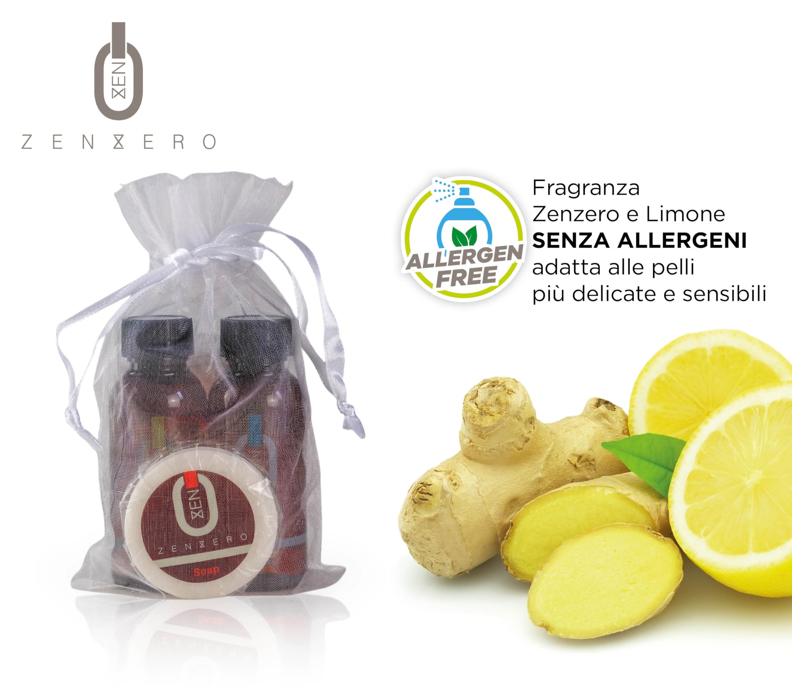 PRESENT-MORE - Set de courtoisie 15 invités gingembre - Parfum gingembre et citron - Contient : shampooing, gel douche, savon et bonnet - Pour hôtel et B & B