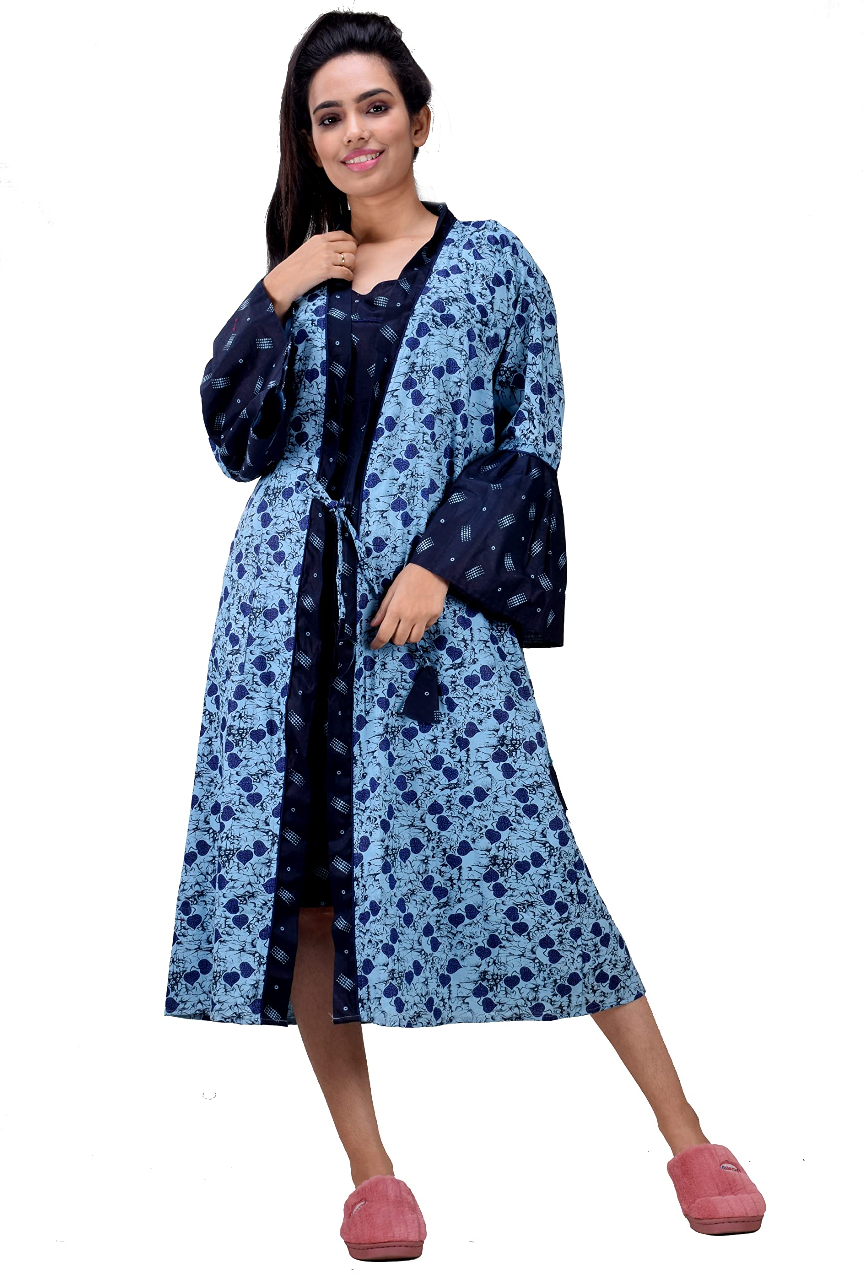 CLYMAAWomen Exclusive Pure Cotton Two pcs Night Gown Set Sleeveless Inner with Full Sleeves Robe/Housecoat, Dark Blue, XL