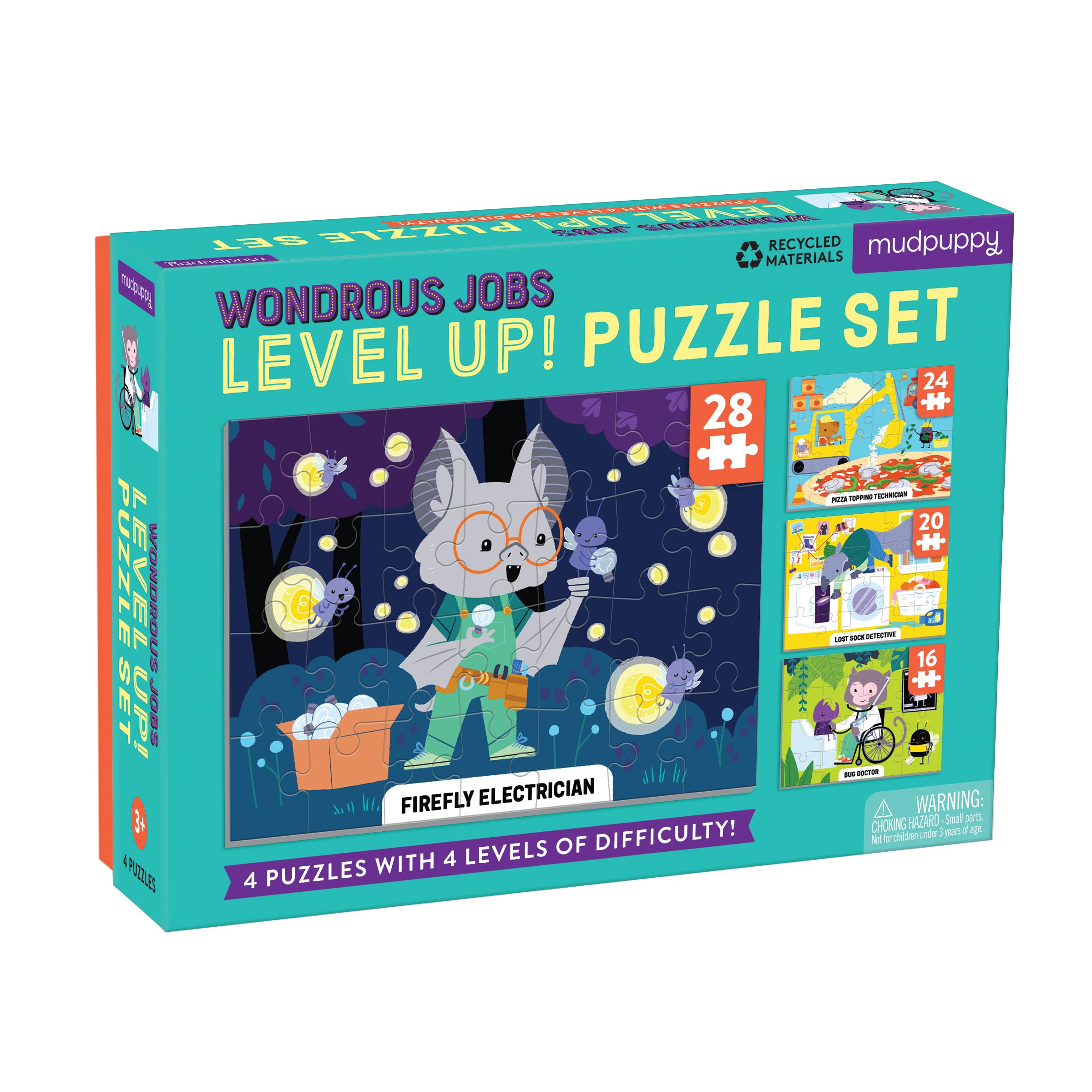 Wondrous Jobs Level Up! Puzzle Set from Mudpuppy, Includes 4 Jigsaw Puzzles with 16 - 28 Pieces, Features Whimsical Jobs Such as Firefly Electrician and Pizza Topping Technician, Perfect for Ages 3+