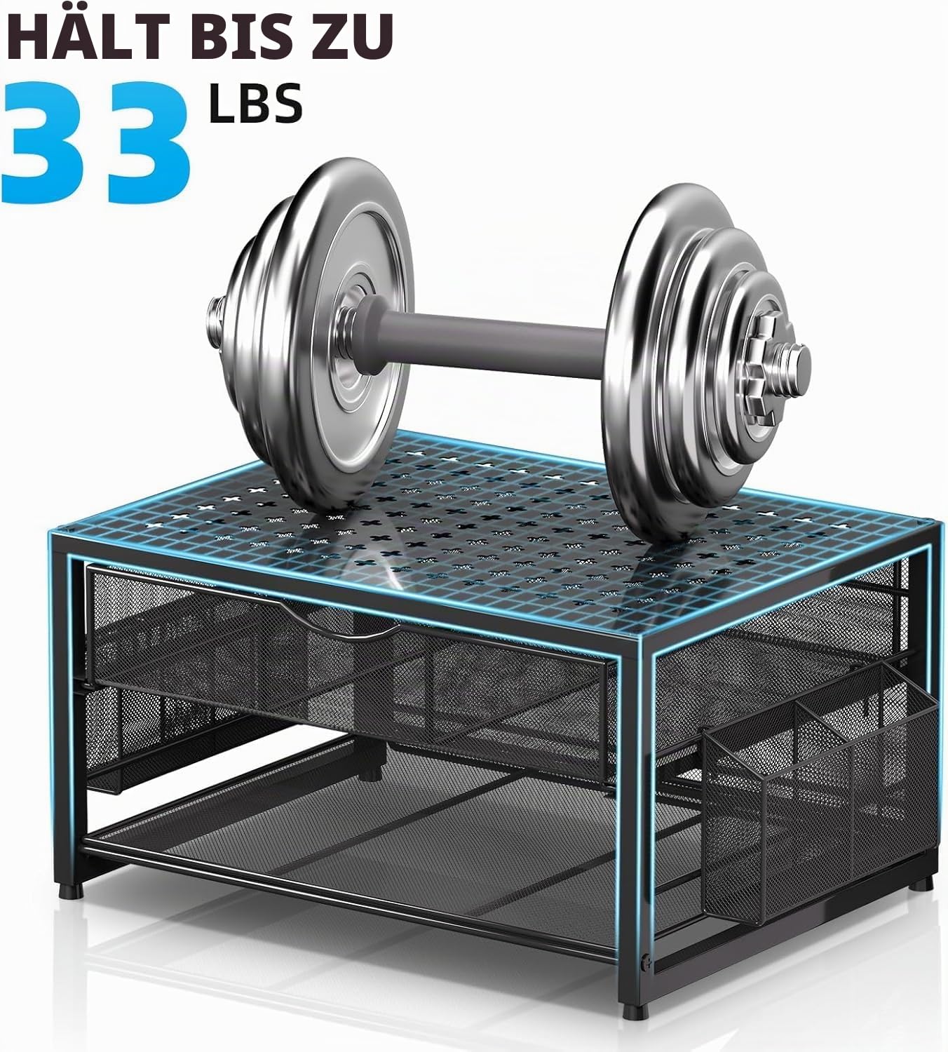 Marbrasse 2-Tier Druckerständer und Aufbewahrung,Monitor Stand with Drawer and 2 Pen Holders,Büroartikel Organizer aus Metall,Mehrzweck Schreibtisch Organizer für Faxgerät Scanner Computer (Schwarz)