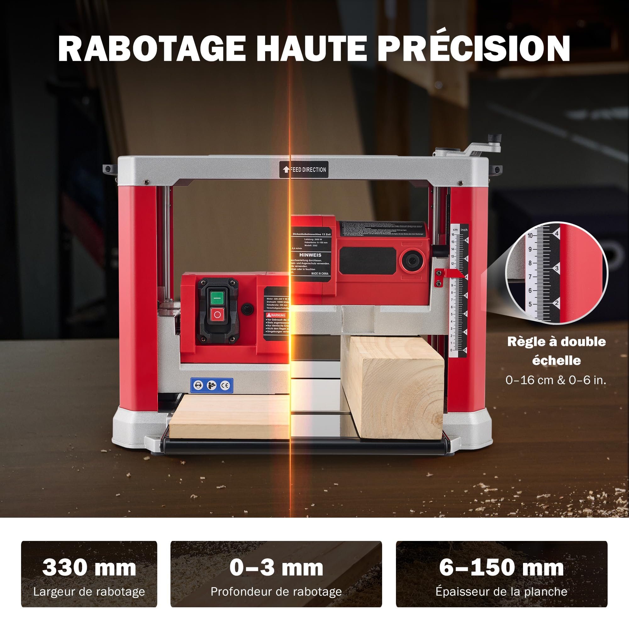 ZELCAN 2000W Raboteuse à Bois 15A, Dégauchisseuse d'Établi Raboteuse Stationnaire Automatique Électrique 33 cm, 2 Lames 20000 coupes/min, pour le Travail du Bois