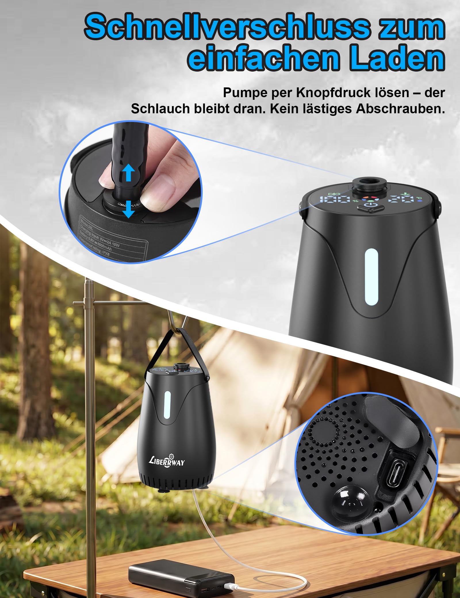 LIBERRWAY Campingdusche mit Akku & Pumpe, 8000mAh, bis zu 3h Outdoor Dusche, IPX8 Tauchpumpe, Camping Dusche mit Temperatur-/Akkuanzeige, 5 Stufen, Duschkopf, 2m Schlauch für Garten, Hund, Auto