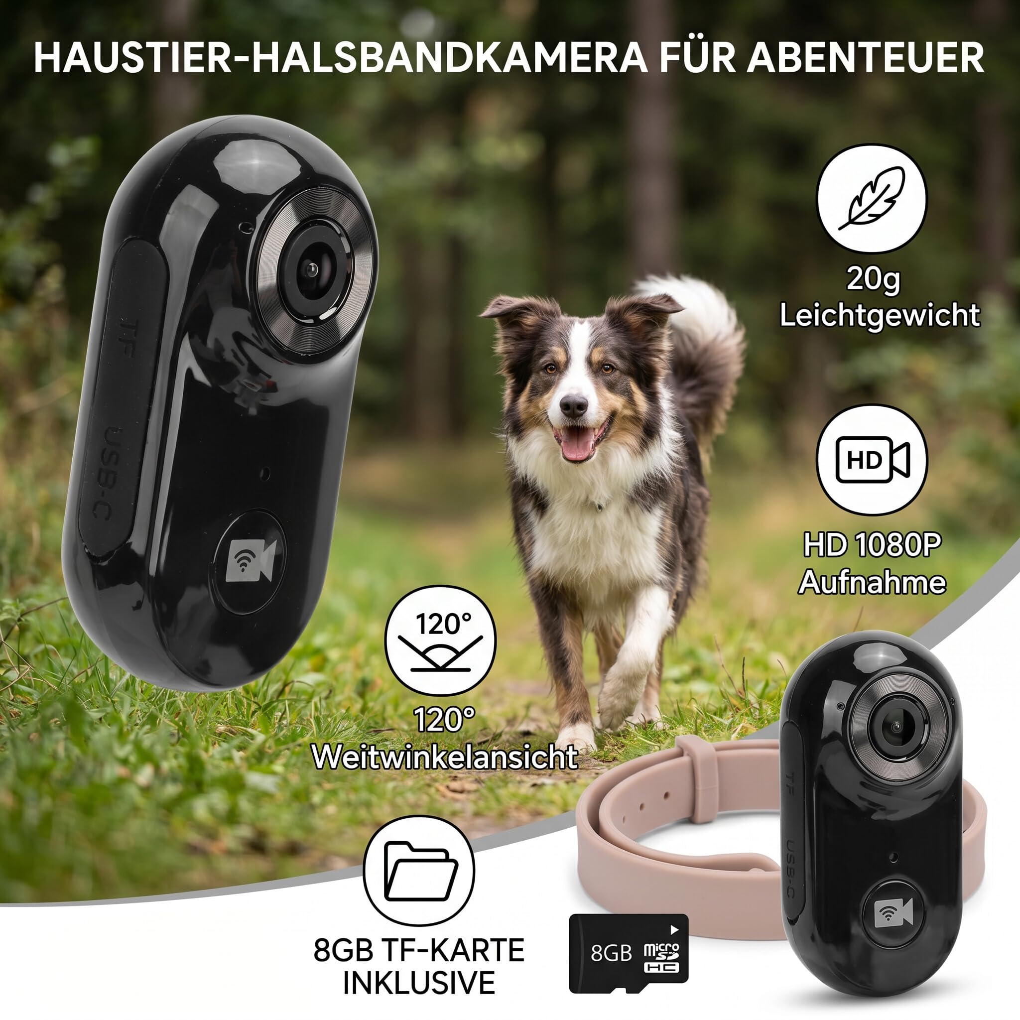 Cámara Corporal para Mascotas, HD 1080P, Tarjeta de Memoria 8G, Gran Angular 120°, Diseño Liviano 20g