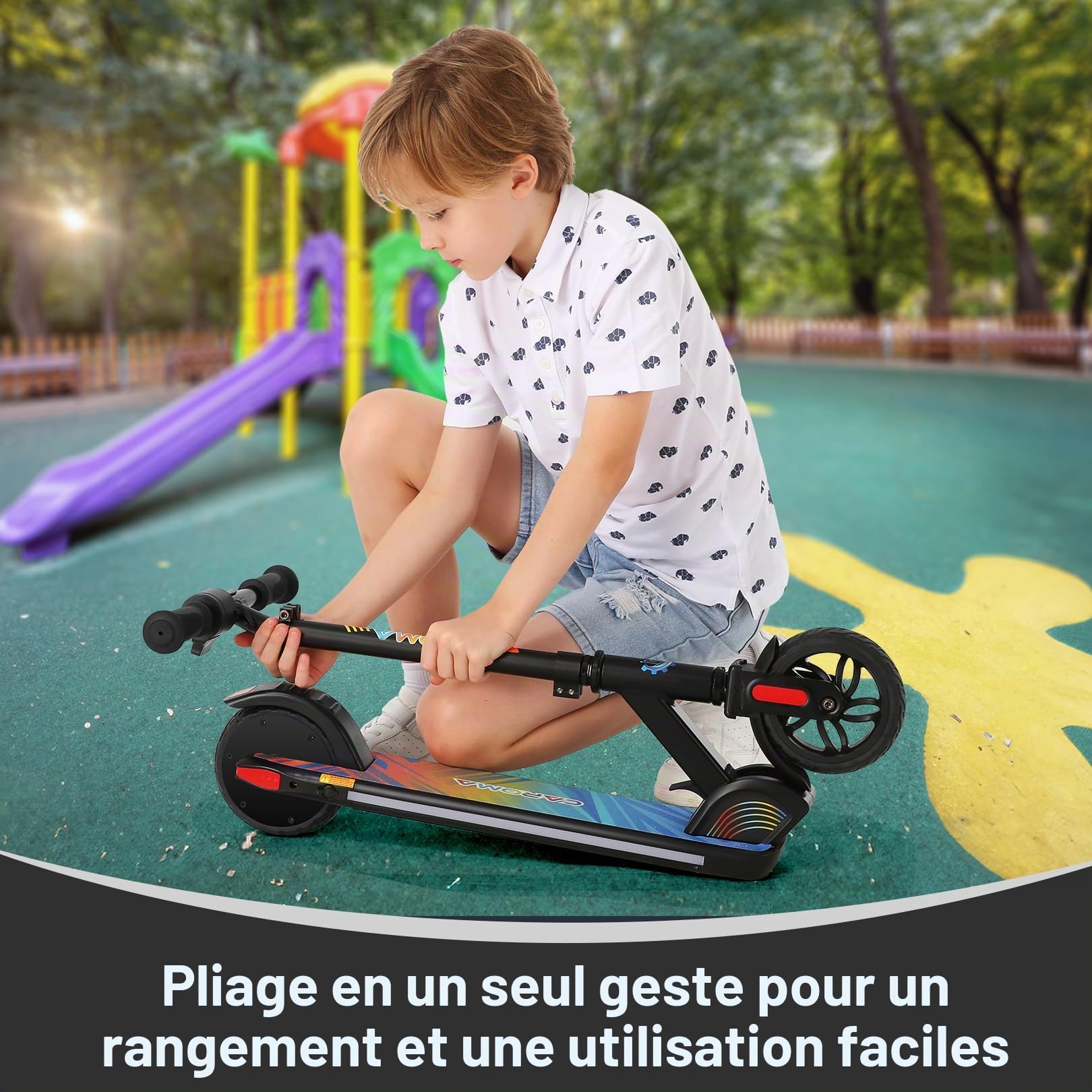 CAROMA Trottinette Electrique(8-10-12Ans), Trottinette électrique Pliable pour Enfants, Autonomie Max 6 KM, Max 16 KM/H, Moteur 150W, Vitesse et Hauteur Réglables, Cadeau pour Enfants et Adolescents