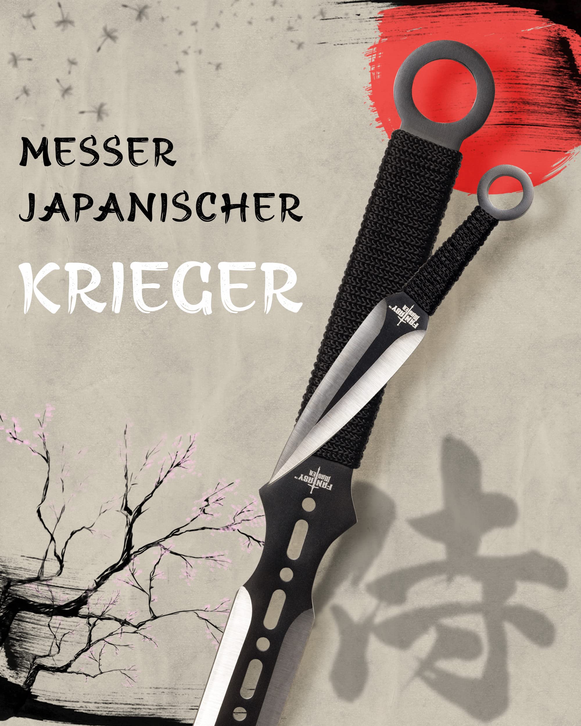 Machete scharf echt EIN Satz 1 Katana Ninja Schwert und 2 Wurfmesser scharf echt zum Training Metall Stahl Samurai Nur für Erwachsene 68 cm - 18 Jahre erforderlich FM-644D