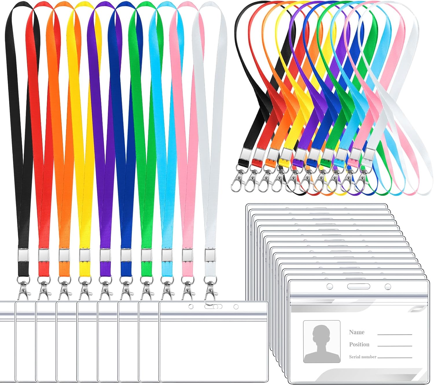100 Pack Name Tag Lanyards with Id Holder, Clear Plastic Horizontal Name Tags Holders and Black Badge Lanyards with ID Holder for School Office Team Workers Volunteers (Multicolor)
