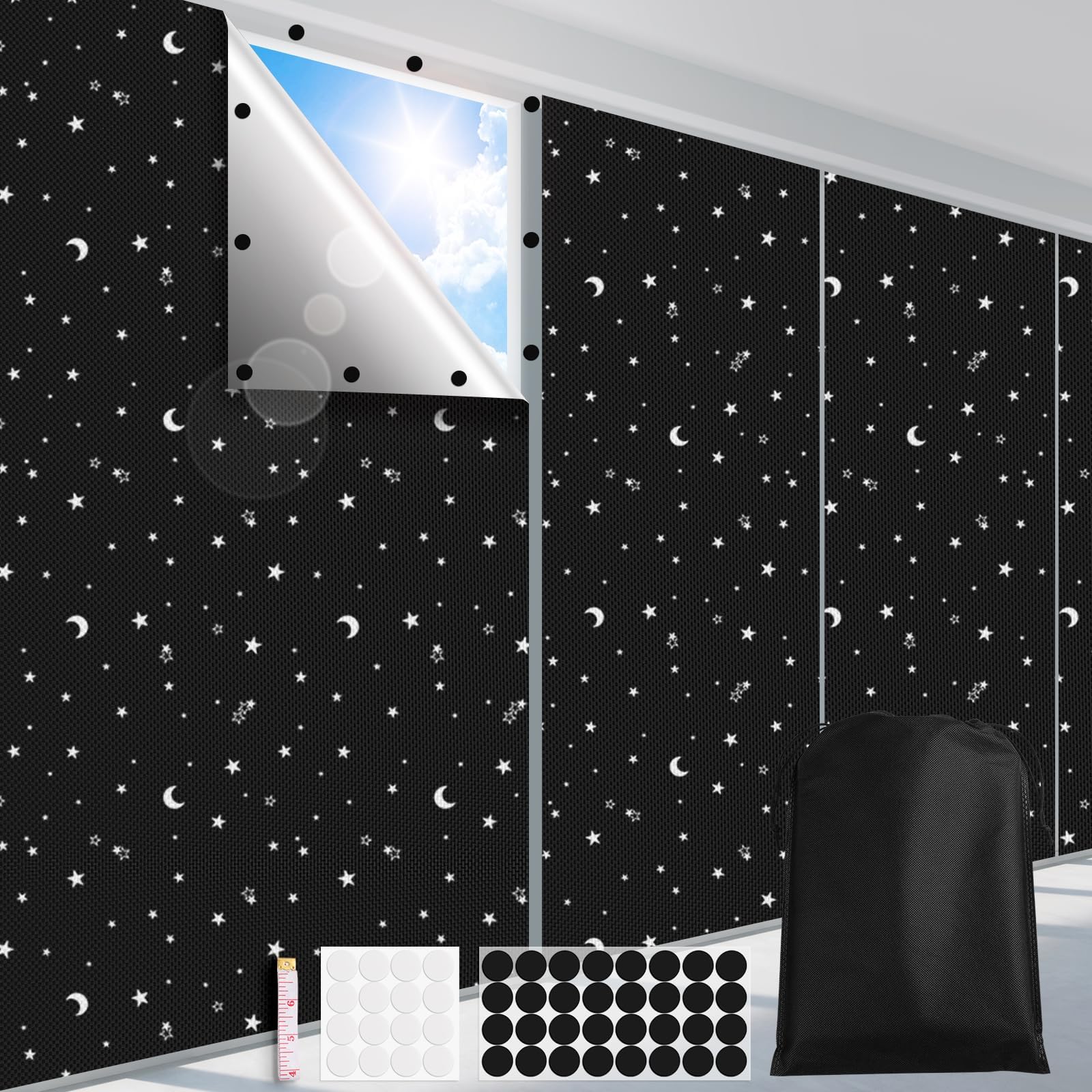 100% Blackout Window Cover Film, Portable Black Out Curtains for Bedroom, Cuttable Blackout Shades Fabric Sheet, No Drill Window Blinds, Sun Heat Light Blocker for Travel Media Dorm, 57'' W