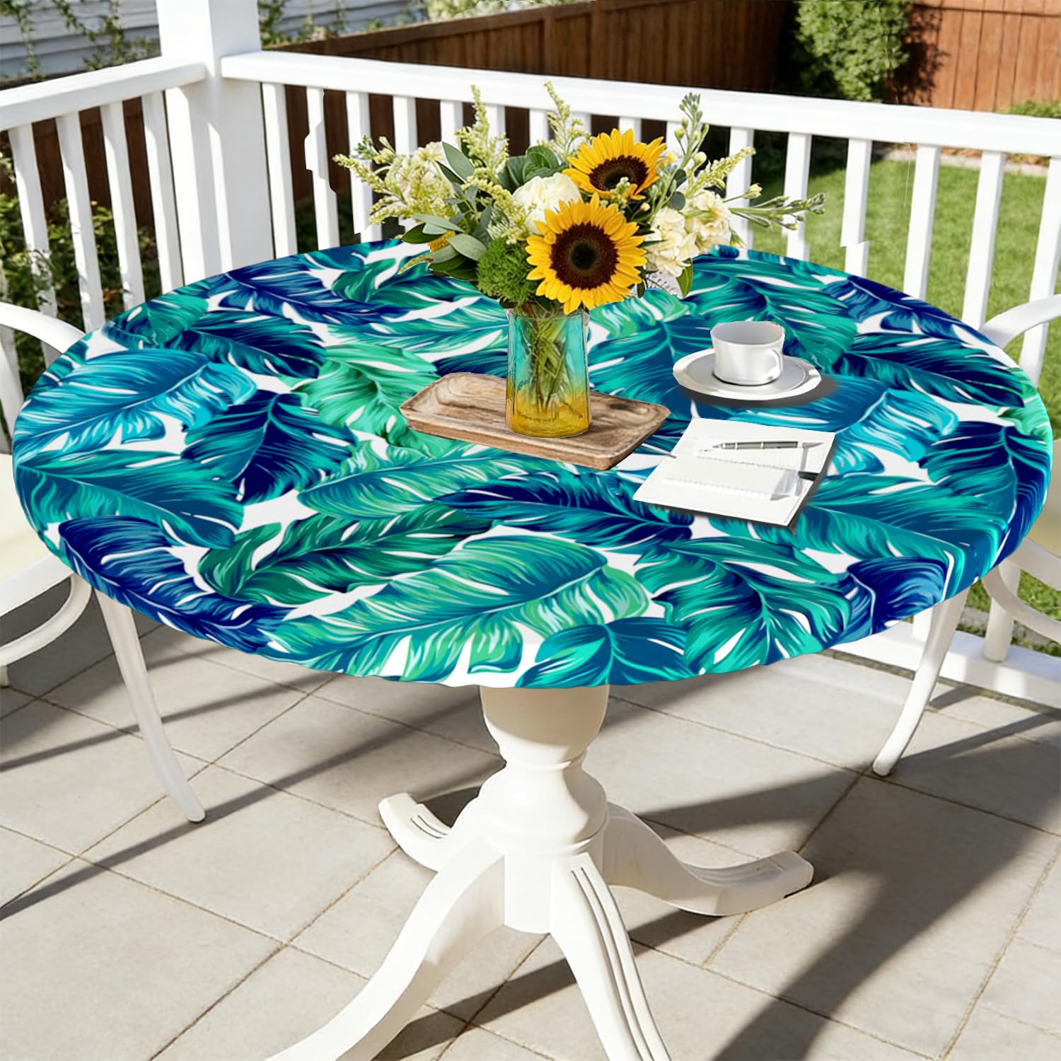 Virtumob Round Fitted Tablecloth with Elastic Edge Farmhouse Palm Leaves Outdoor Indoor Table Cloth Waterproof Wipeable Table Cover for Dinner Picnic Patio Decor (Suitable for 42"- 52" Round Tables)