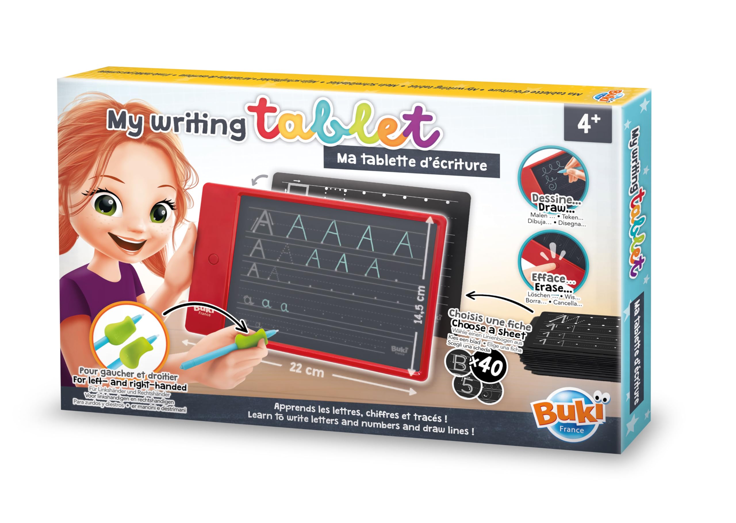 Buki France My Writing Tablet. Lightweight LCD Screen Drawing Board Graphics Tablet with Lock Erase Button. Learn to Write & Draw with 40 Exercise Cards & Stylus. Educational Gift for Boys & Girls 4+