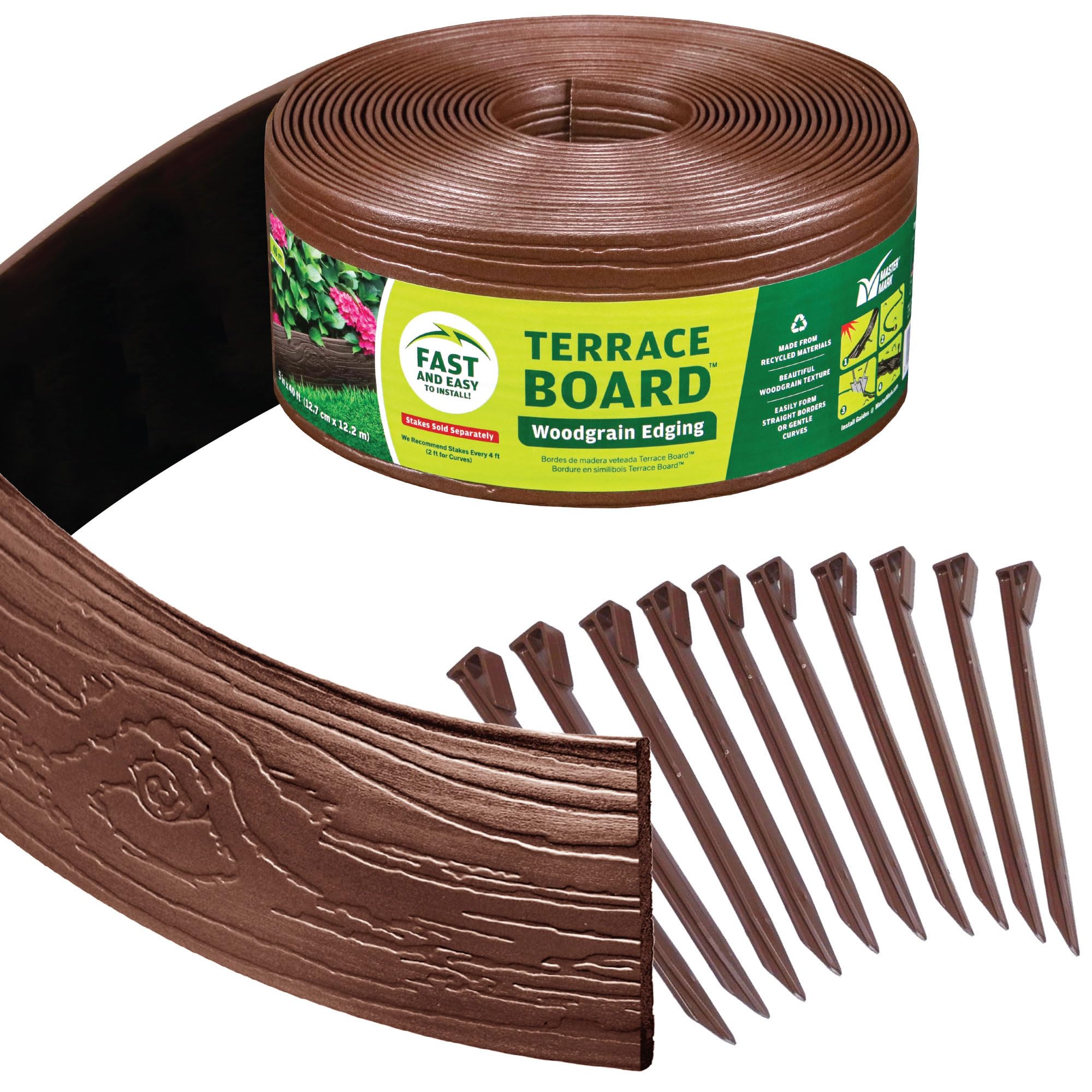 Terrace Board, Landscape Coiled Edging, Grass Barrier, Bender Board, Garden Borders (Brown) 4 in. x 40 ft. with 10 Stakes
